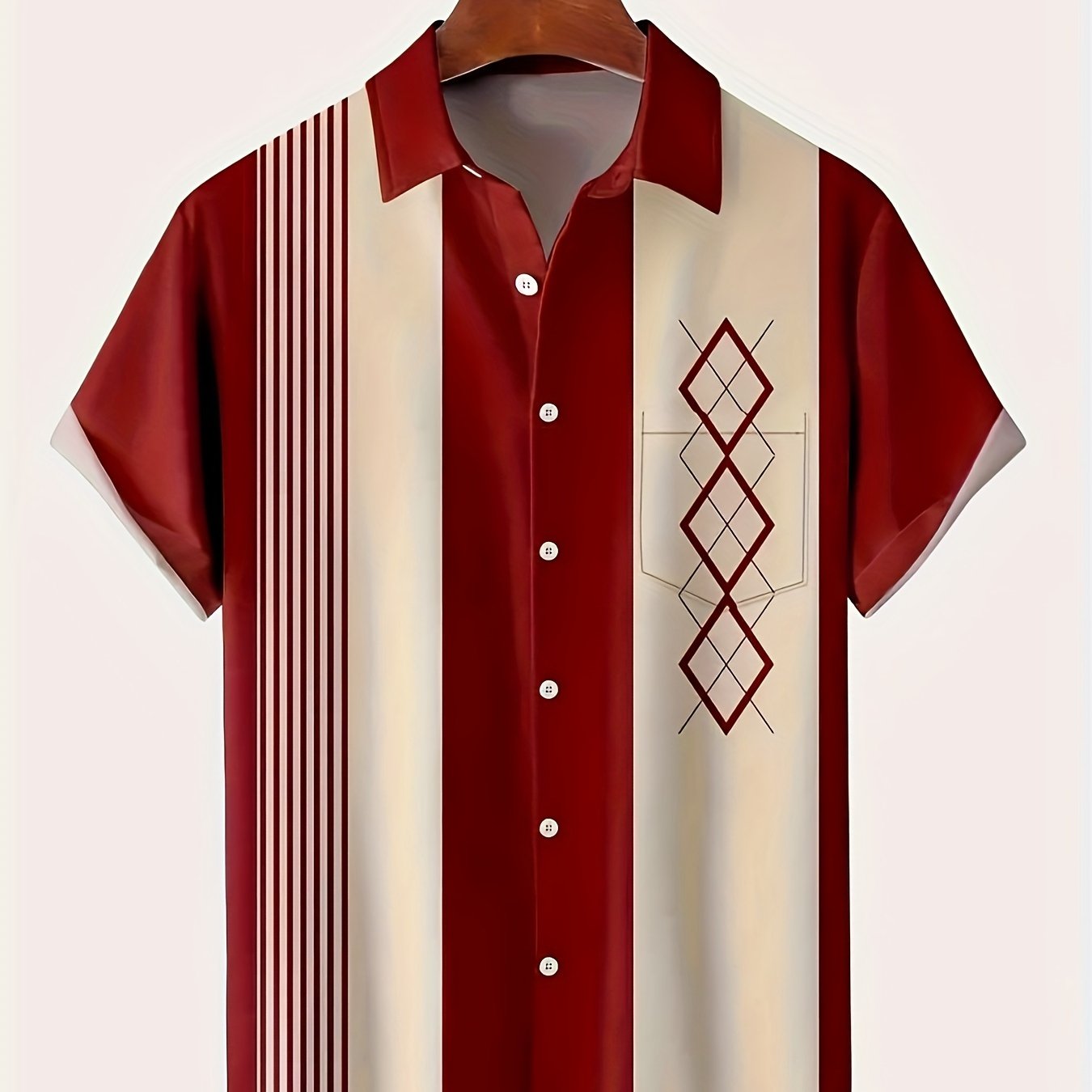 E-shop Herren Kurzarmhemd im Vintage-Stil mit geometrischem Druck und Brusttasche, Herrenhemd für Sommerurlaub, Oberteile für Herren, Geschenk für