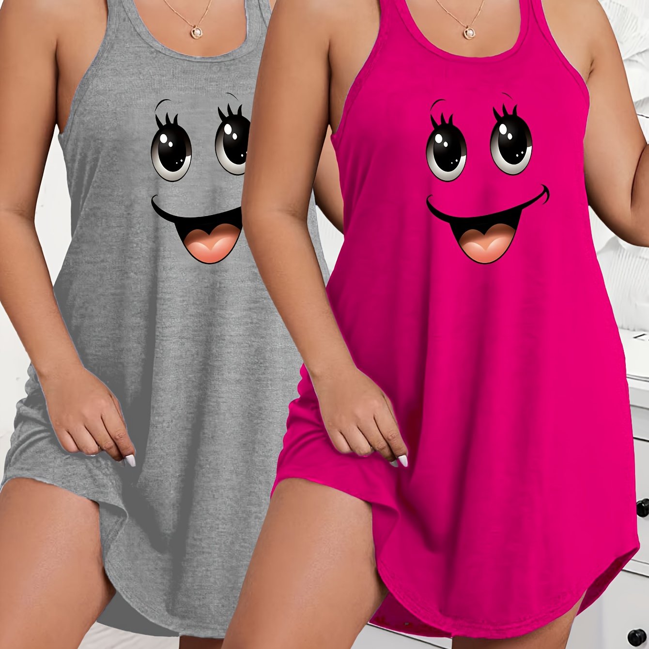 2pcs Set Plus Size Women's Printed Tank Top Comfortable Vest House Dress