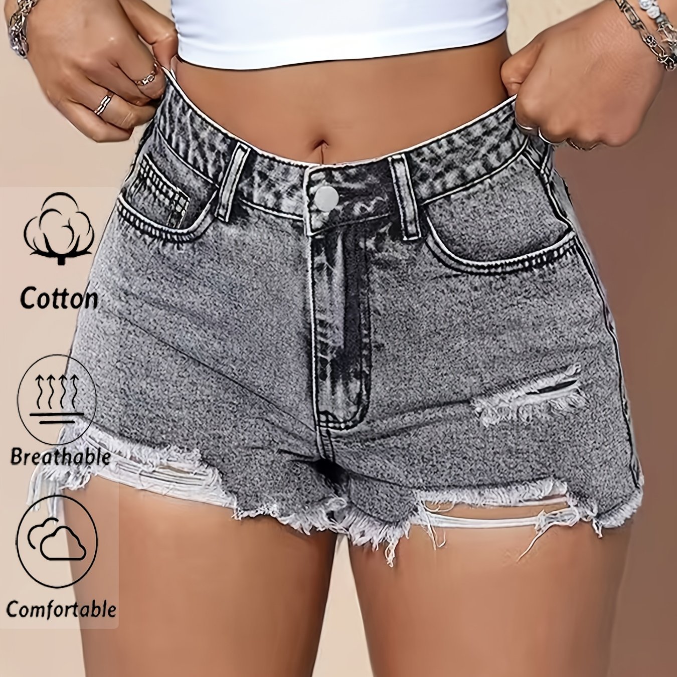 Image of Denim Shorts For Women, Ripped Denim Shorts, Washed Black Denim Fabric Shorts With Pockets. High-waisted Comfortable Pants, Elegant Style Women's Clothing, Suitable For Women's Casual Pants