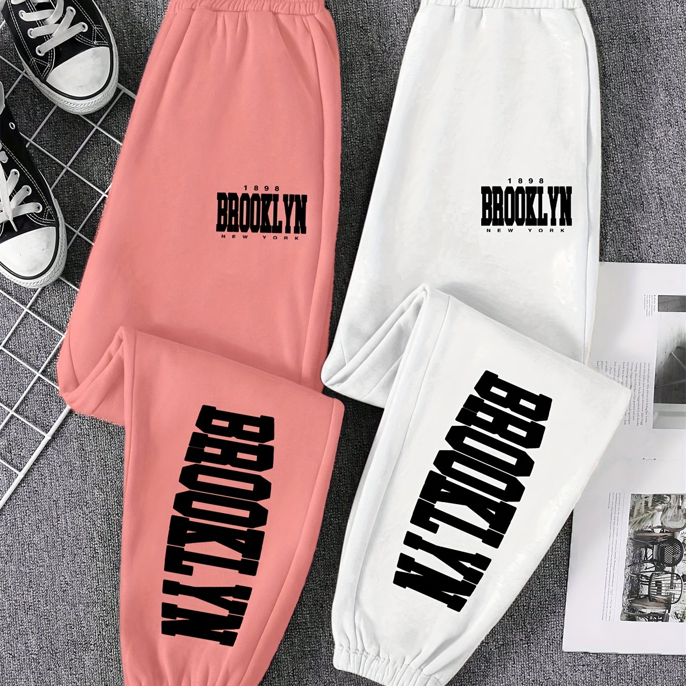 TEMU 2025 Fall/winter Casual Fashion Brooklyn Letter Print, Women's Jogger Pants Trousers 2-pack