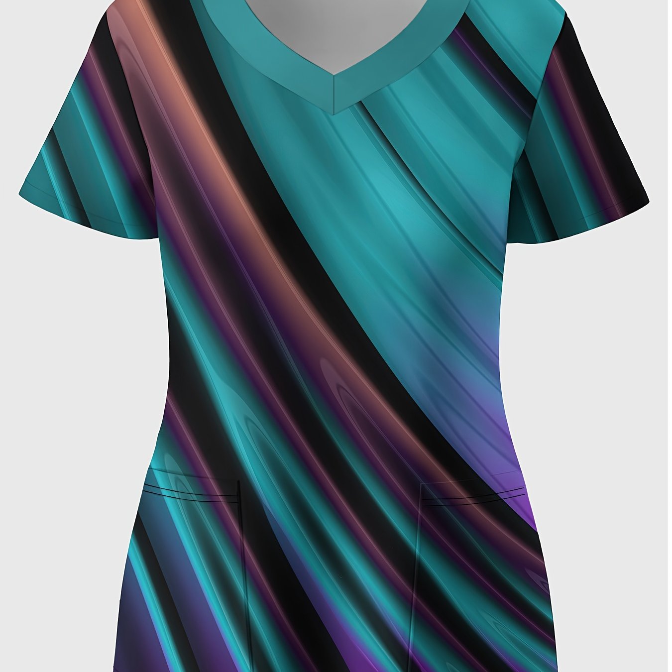 TEMU Plus Size, Striped 3d Printed V-neck Nurse Uniform, A Comfortable And Practical Uniform Suitable For Doctors, Nurses, Dentists, And Women's Workwear