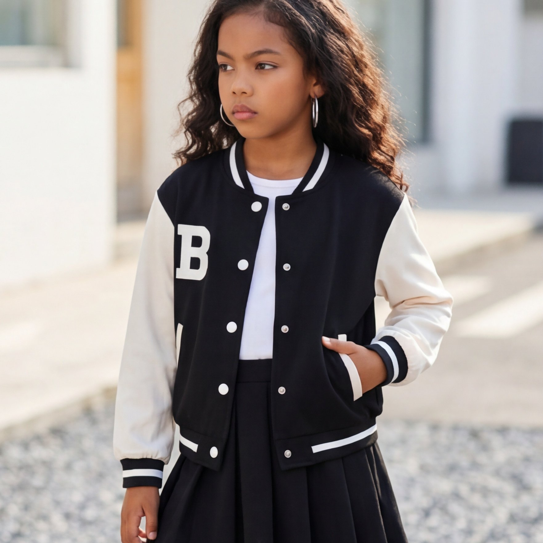 Thick Jacket Set For Girls, 2pcs Long Sleeve Baseball Jacket With Button Closure & Pleated Skirt With Print, Corduroy Academic Style Casual Children's Wear For Spring And Autumn, Weight Over 330g