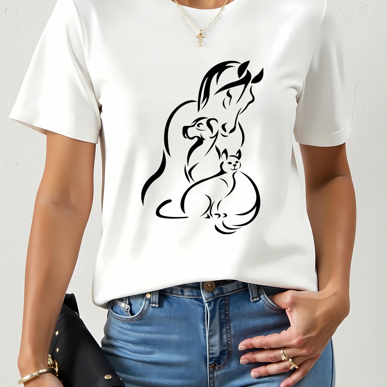 TEMU 1pc T-Shirt Décontracté pour Femmes à Manches Courtes - Imprimé de Cheval, Chat et Chien, Tee-shirt Confortable Respirant avec Col Rond pour des