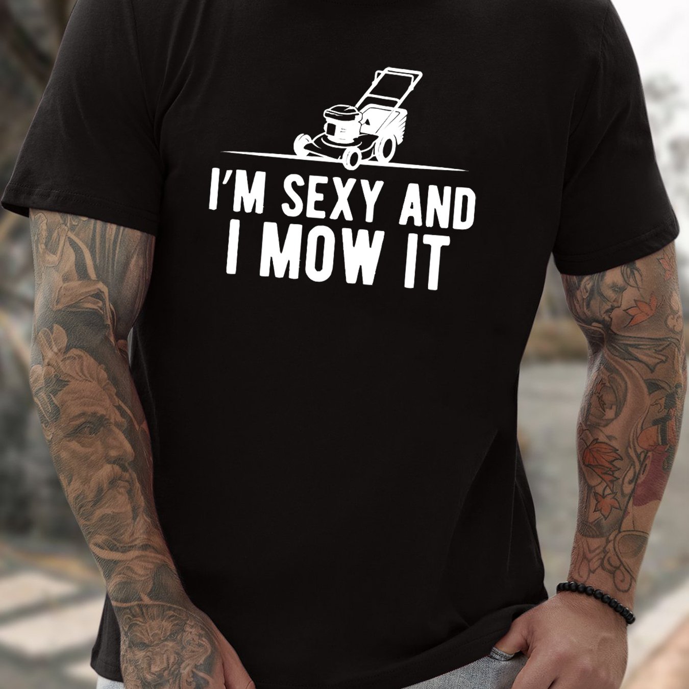 TEMU I'm Sexy And I Mow It Letter Graphic Print Men's Creative Top, Casual Short Sleeve Crew Neck T-shirt, Men's Clothing For Summer Outdoor