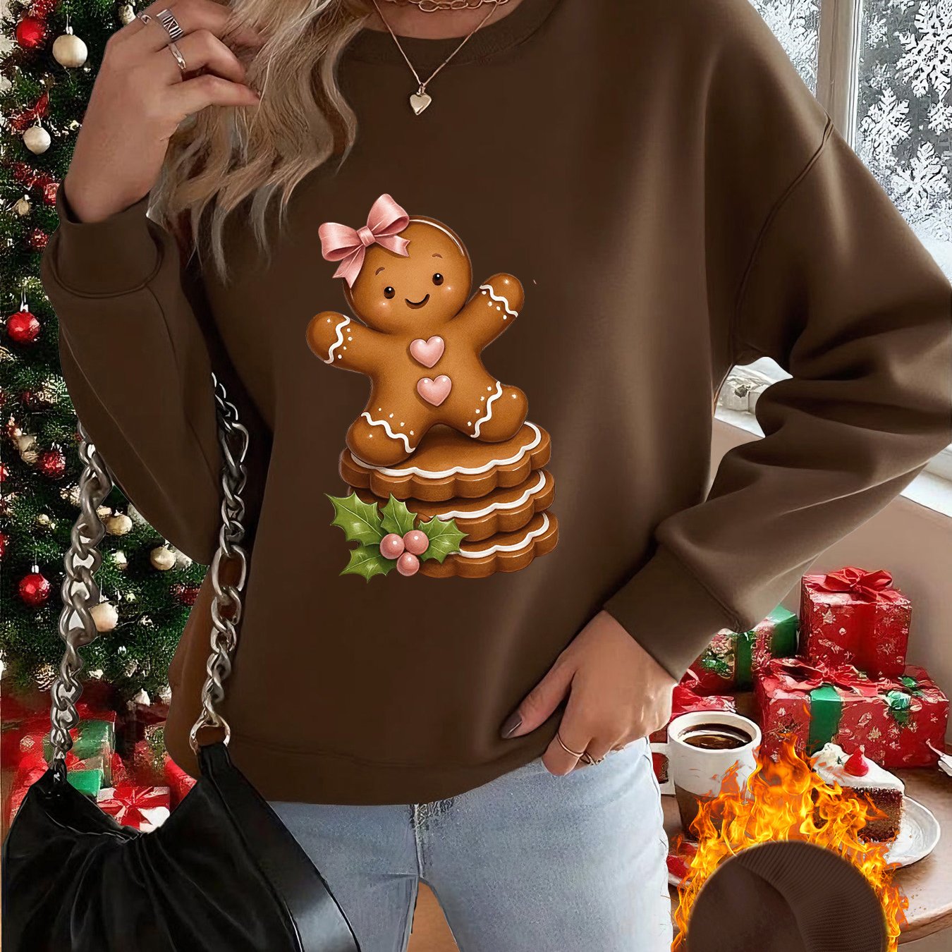 TEMU 1pc Women's New Winter Pullover Sweatshirt With A Round Neck - Featuring A Cute Gingerbread Man With A Bow And Holly Print. This Stylish,