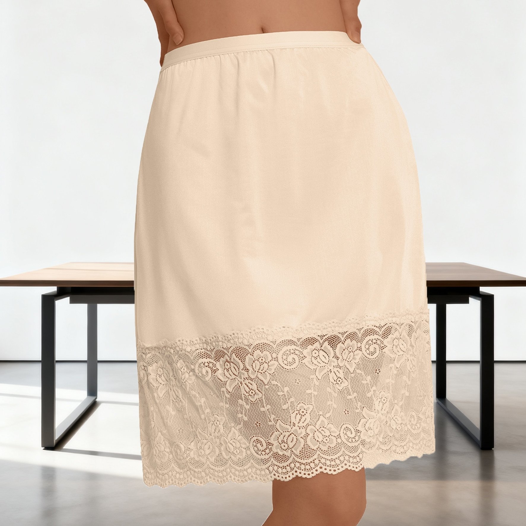 TEMU 2026 Spring Summer New Women's Mid-length Skirt, Floral Lace Trim And Elastic Waist Design, Skin-friendly And Soft, Non-transparent Base Layer