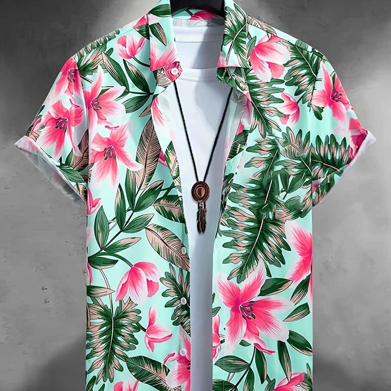 TEMU Camisa para hombre con estampado de floral tropical, cuello de solapa, manga corta y tapeta de botones, y elegante, adecuada para ropa casual y