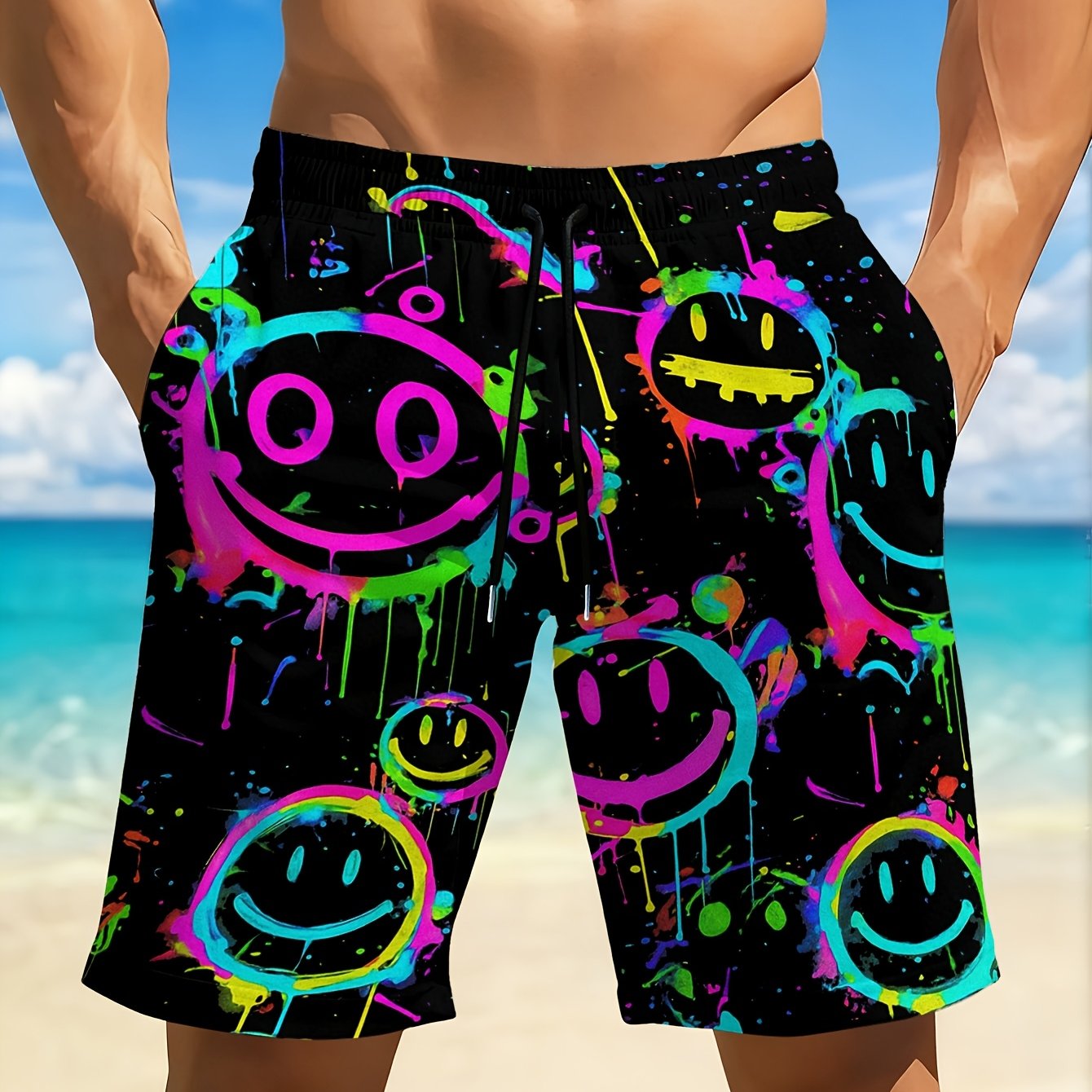 TEMU Short de bain homme à séchage rapide avec géométrique et noir | Décontracté, coupe régulière, parfait pour la plage, , de sport et les activités