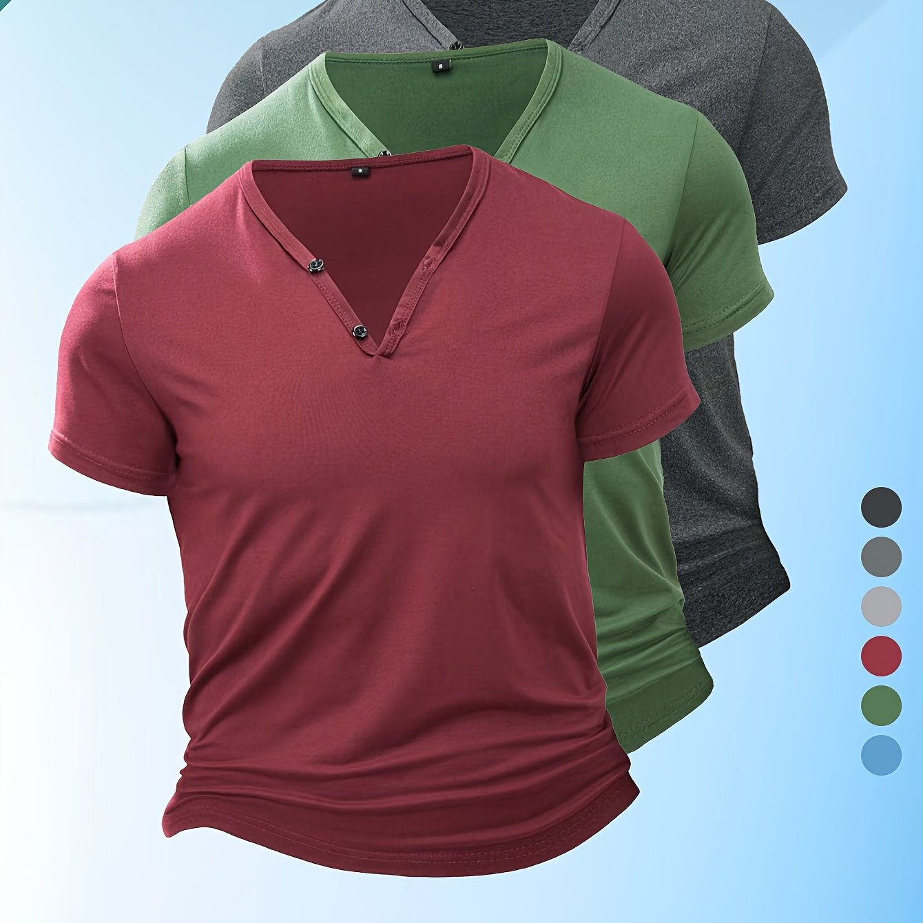 Image of 3pcs Men's Lightweight Breathable Henley T-shirts - Casual V-neck, Quick-dry, Soft Polyester Blend, Ideal For Gym, Daily Wear & Outdoor Activities, Solid Color With Button Detail