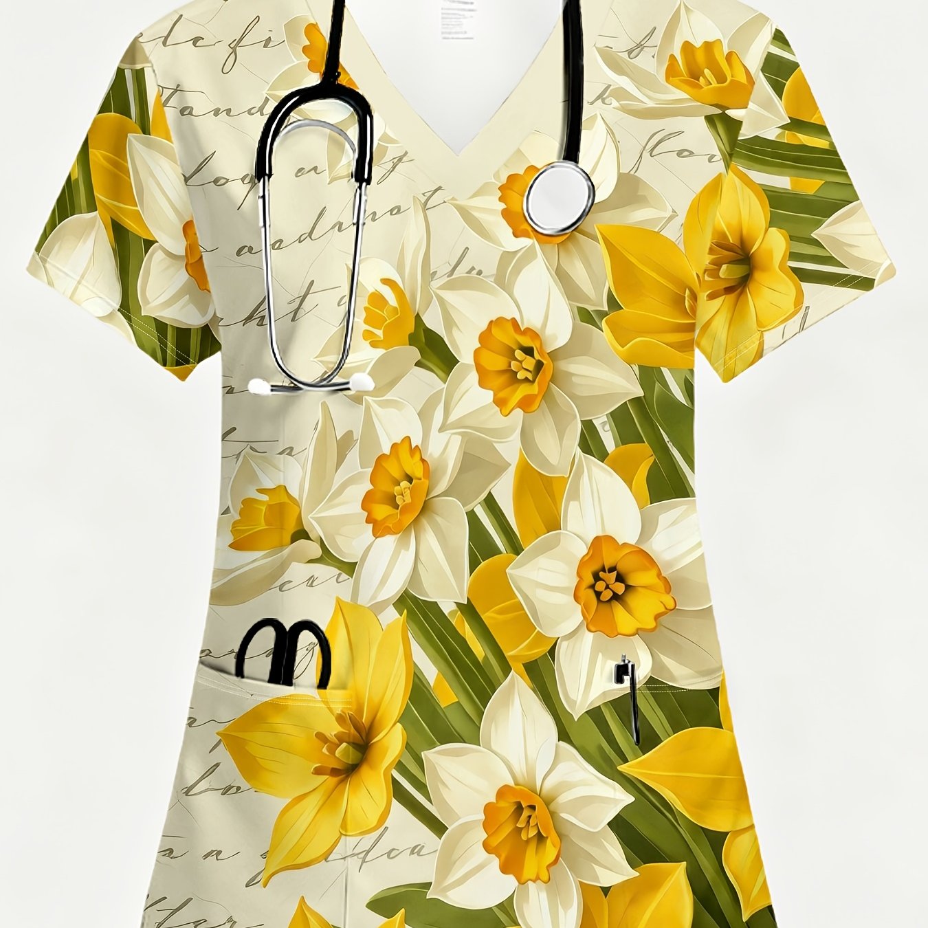 TEMU A Women's Uniform, Print, White Background, 2 Pockets, V-neck, Vintage Daffodil Floral Print Scrubs Tops Floral Nursing Uniforms For Women