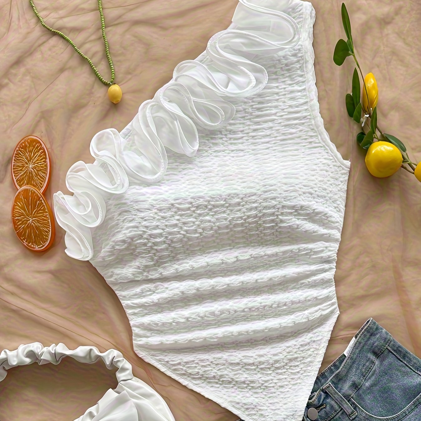 TEMU Elegante y Casual Conjunto para Mujer: Camiseta de Encaje con Flores, Top Ajustado de Descubierto, Estilo Bohemio con Dobladillo Asimétrico,