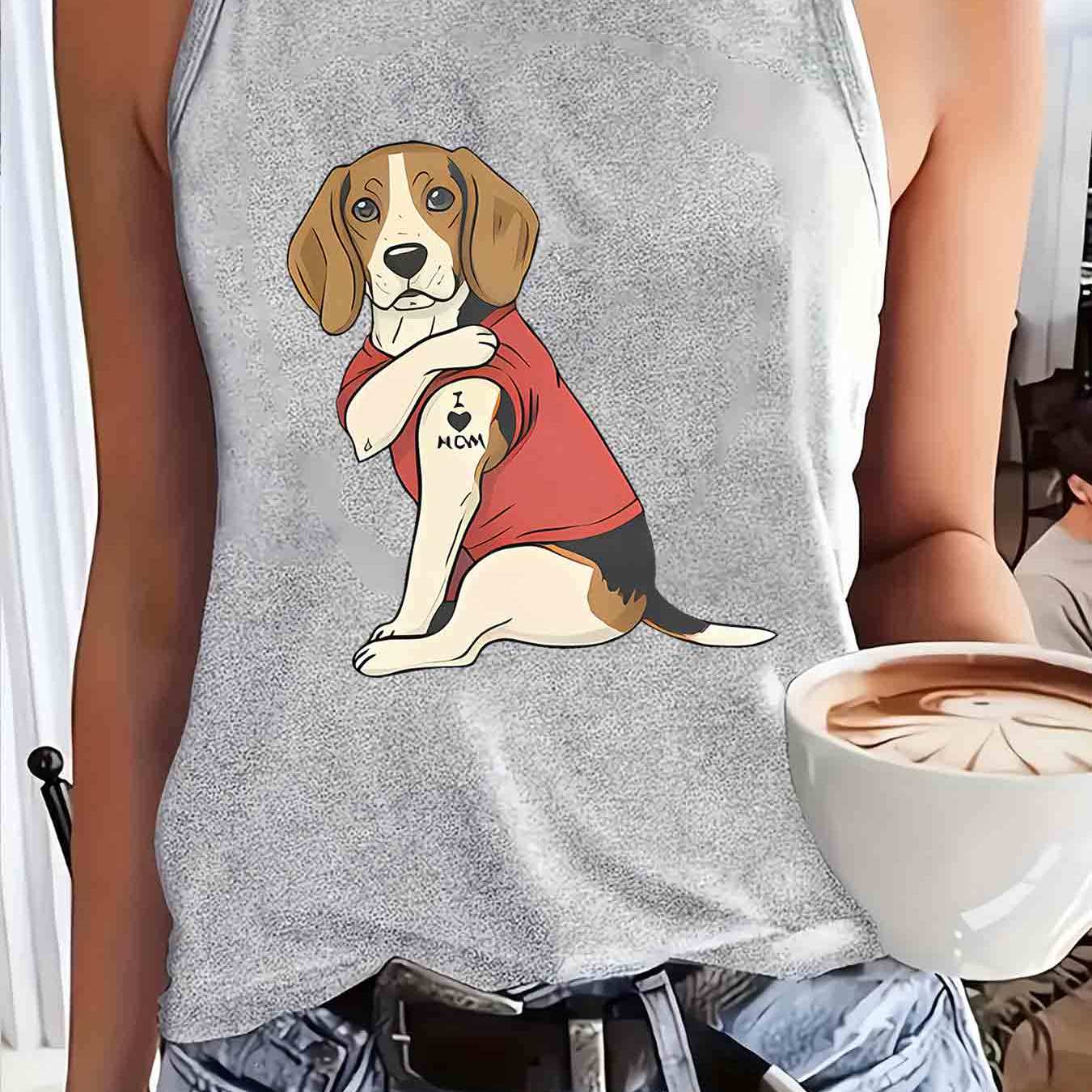 TEMU 1pc Women's Beagle Print Sleeveless Blouse Top - Soft Machine-washable Loose Neck Tank Shirt With I Love Mom & Beagle Puppy, Casual Daily Wear