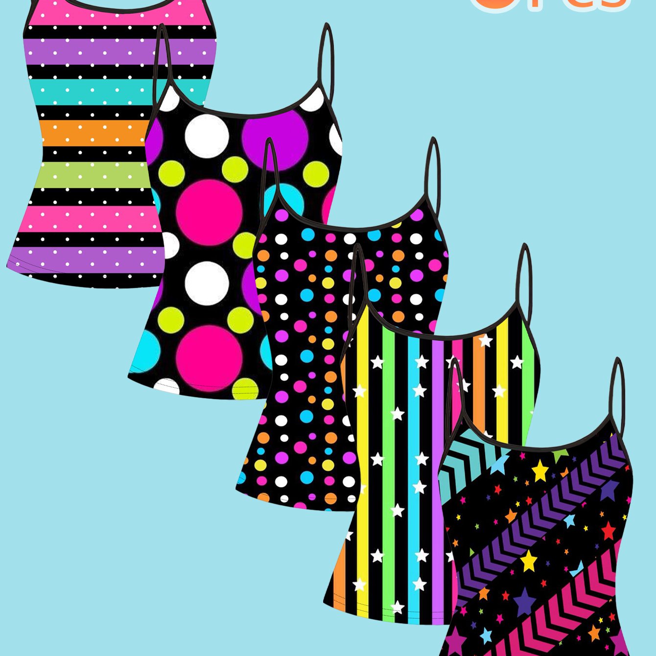 TEMU 5pcs Set Neon Polka Dot Stripe Print Women' Strap Camisole 2d Vintage Style Top