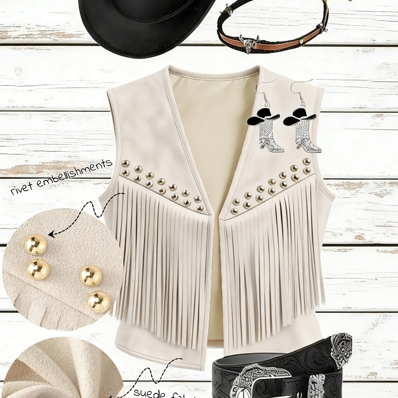TEMU Western-vest voor dames met imitatie-franjes, gouden studs en mouwloos open front cowgirl-vest