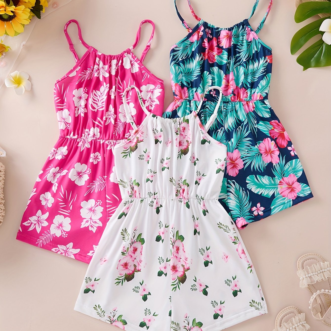 3pcs Set Girls' Summer New Style Floral Full Indian Faux Style Camisole Jumpsuit, Versatile Casual Multi-pc Jumpsuit Shorts, Perfect For Outdoor