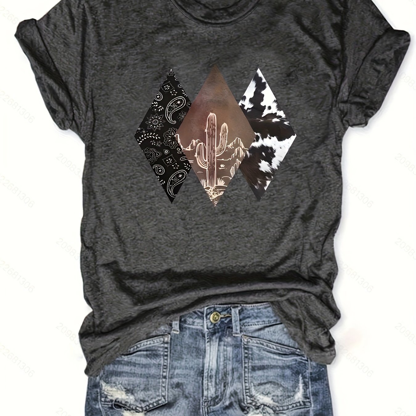 TEMU Cactus Print Crew Neck T-shirt - Fashionable Womens Graphic Print T-shirt - Casual Short Sleeve Crew Neck Top - Lightweight & Breathable For