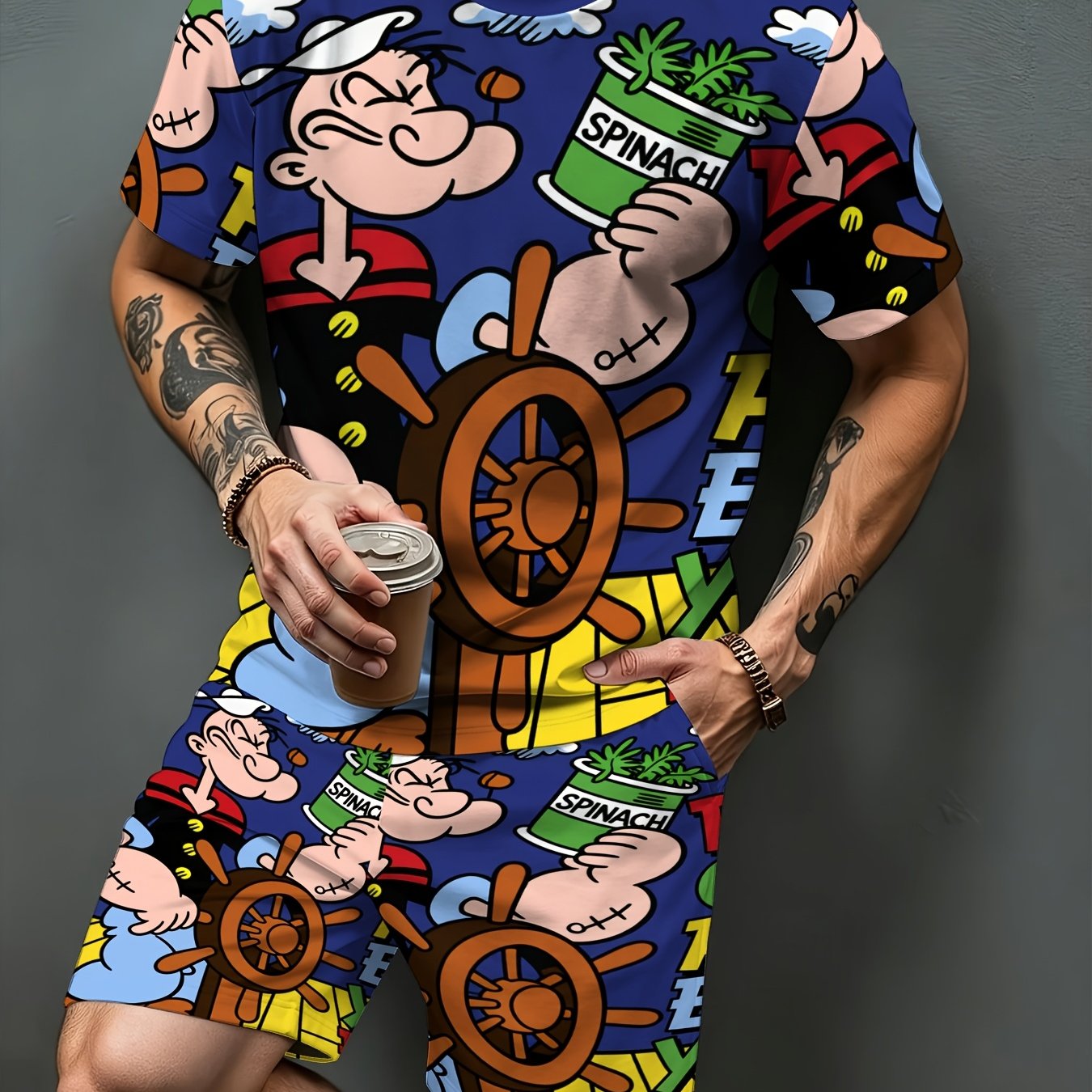 TEMU Men's Cartoon Print Short Sleeve Shorts Set, Summer Casual Fashion Trendy Outfit With Knee-length Short Sleeve Pants Design
