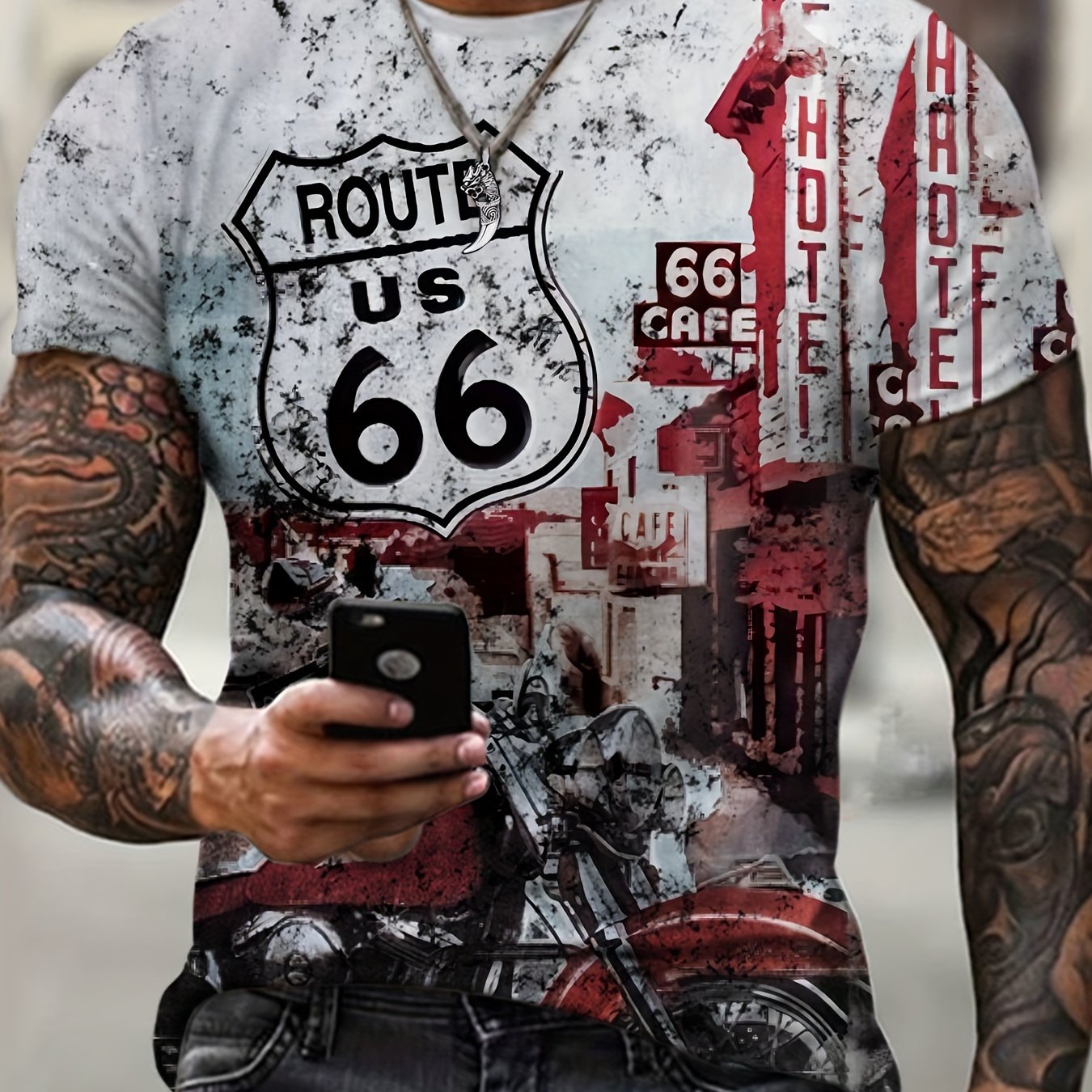 Men's Vintage Motorcycle Graphic T-shirt - Retro Americana Design With Road Signs & Motorcycles, 100% Polyester Crew Neck Short Sleeve, Lightweight 145gsm Casual Tee, Machine Washable Regular Fit