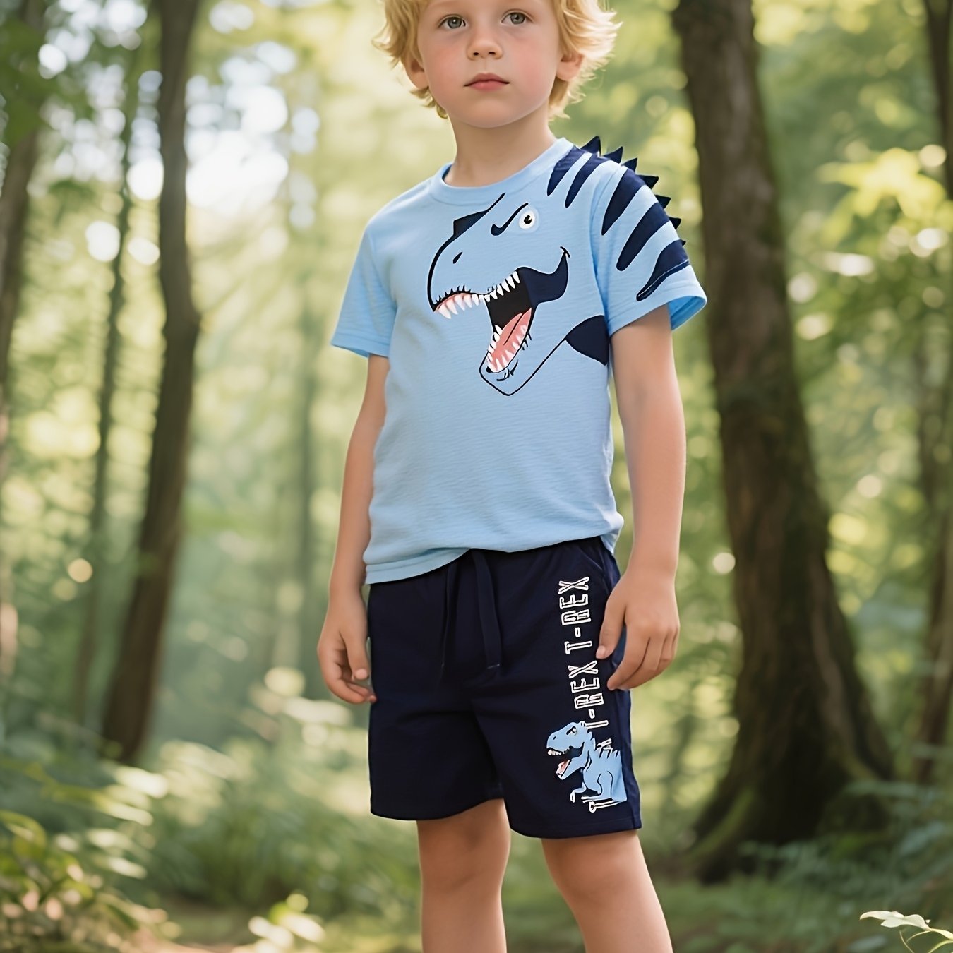 TEMU Boys' Summer Outfit Featuring A Round-neck, Pure Cotton Knitted Cartoon Dinosaur Short-sleeve T-shirt In Navy Blue, With Cartoon Dinosaur Letter Pocket Shorts, Suitable For -7, For Outdoor