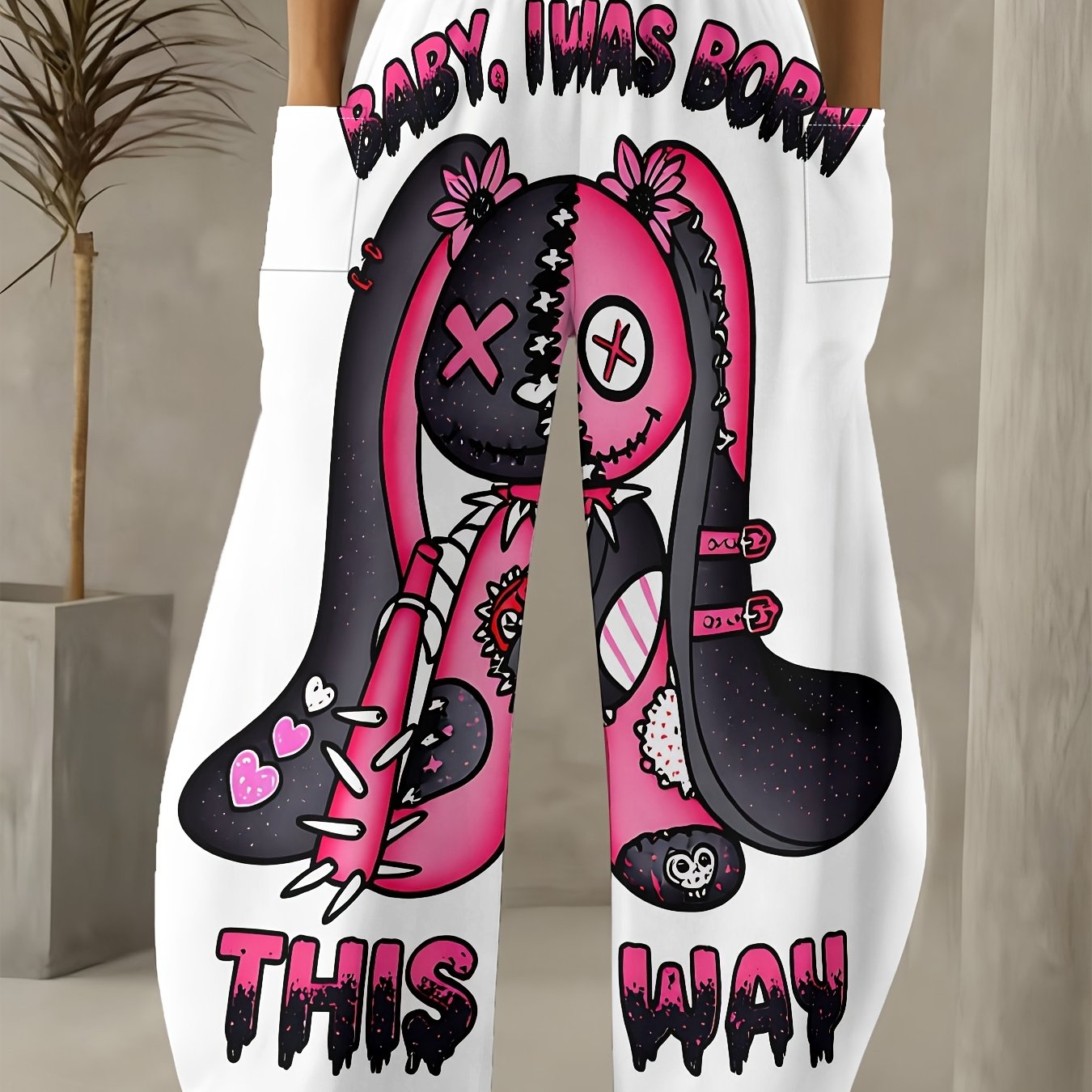 TEMU Plus-size Women's Trendy Dark Rabbit Doll Text Print Loose Wide-leg Pants Stretch Fabric Streetwear Style By Xiong Rongxin