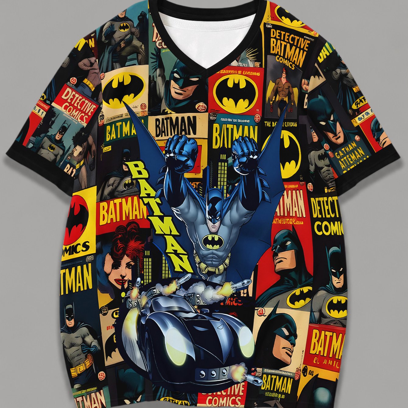 TEMU Vintage Comic Collage Batman Men's Plus Size T-shirt, Breathable And Comfortable V-neck Top, Suitable For Casual Summer Wear, Trendy And Style