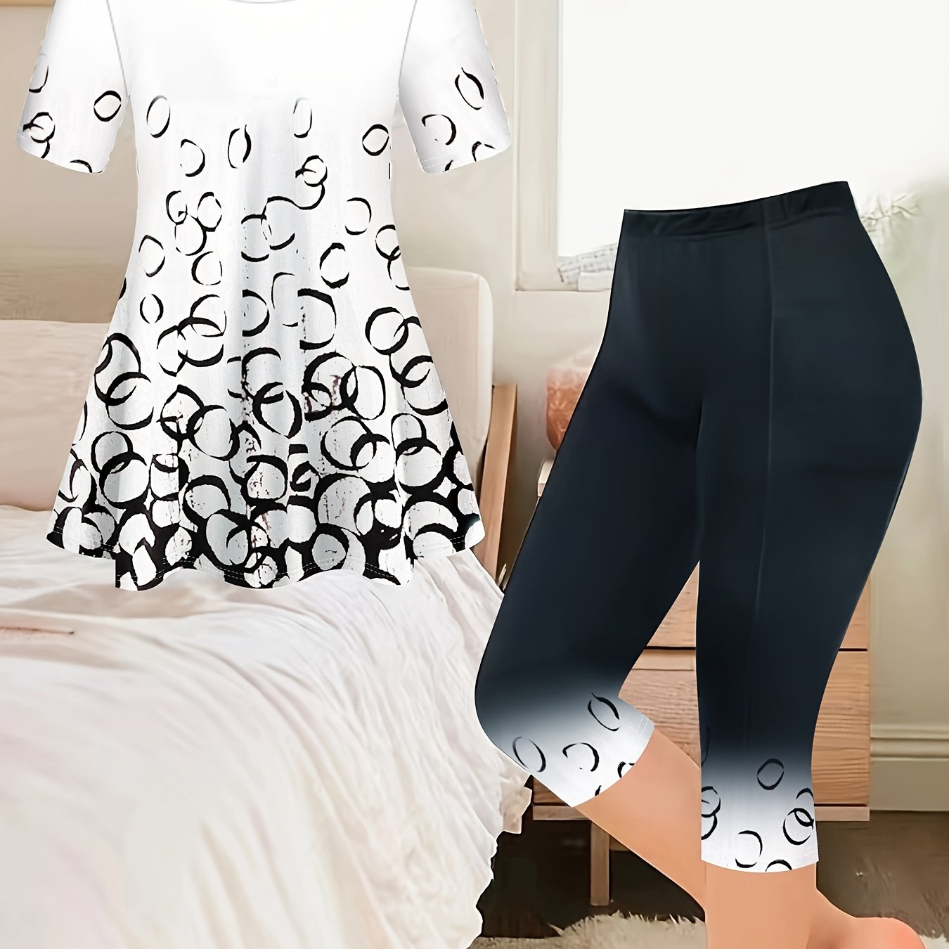 E-shop Zielgerichtete Entwicklung Damen Neues Home- und Ausflugs-T-Shirt mit kurzen Ärmeln, Rundhalsausschnitt und engen Leggings mit Buchstabenprint