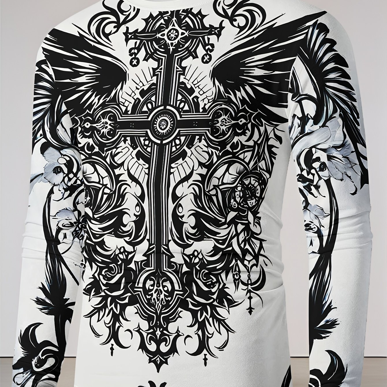 TEMU Men's Casual Long-sleeve T-shirt, Designed In A Black And White Gothic Style, Featuring A And Wings , And Floral Vine Patterns On Sides--pattern