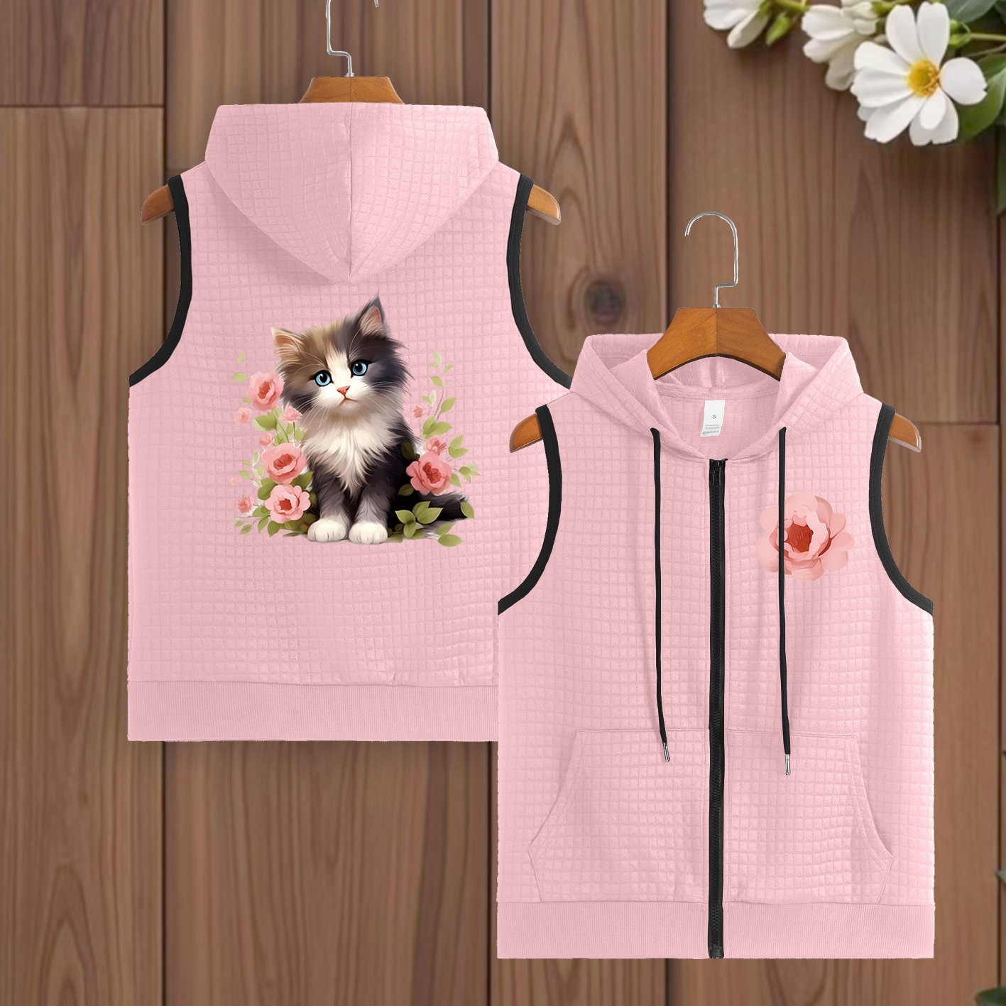 TEMU Women's Vest With Cat Print And Zipper, Polyester Sleeveless Jacket With Pockets