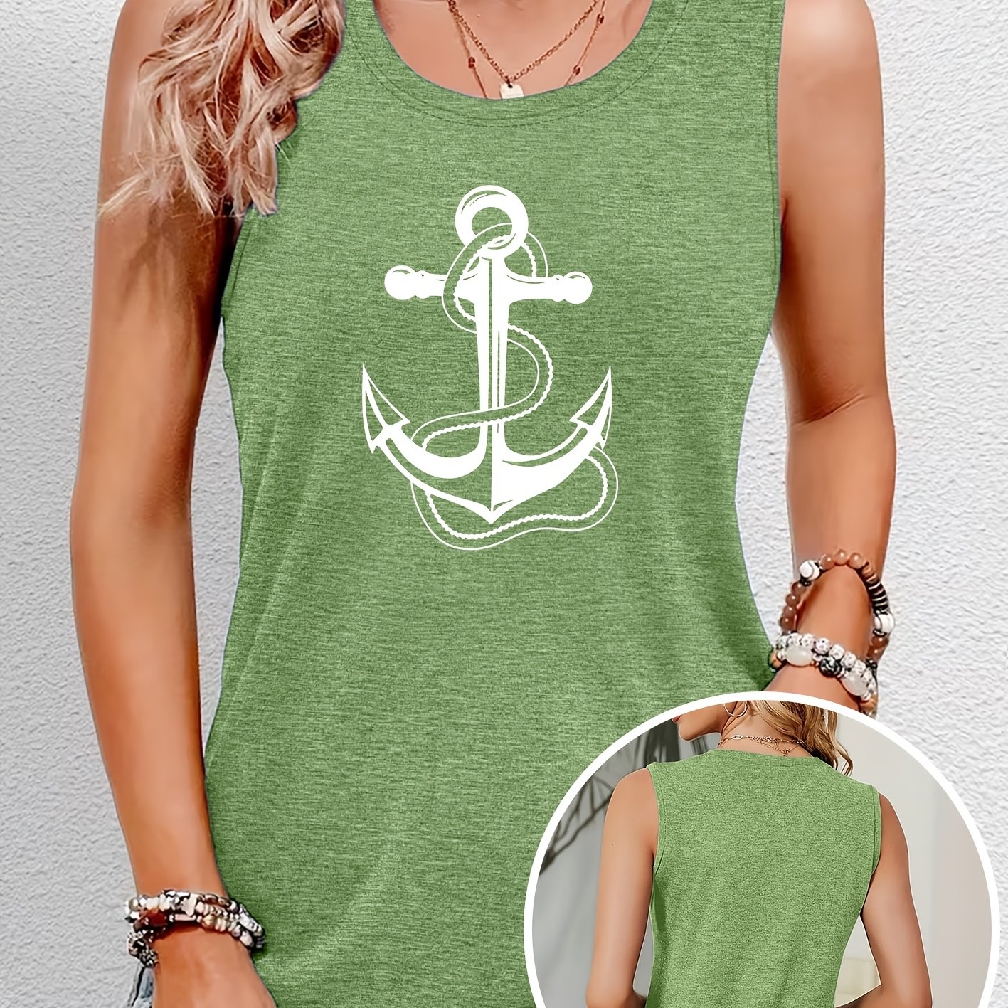 TEMU Ladies' Elegant Vest - Navy Anchor Print Round Neck Women's Vest, Suitable For Spring, Summer, And Autumn. Fashionable , Vacation, Daily Wear,