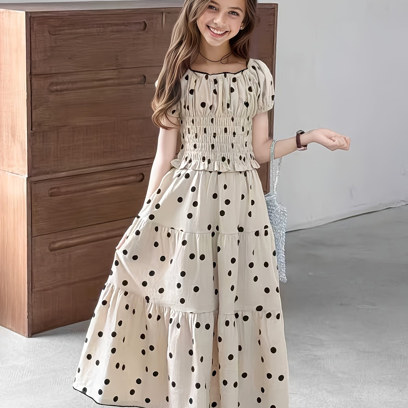 Polka Dot Off-the-shoulder Vacation Beach 2pcs Dress, Stylish And Flowy Cake-layer Spliced Maxi Skirt