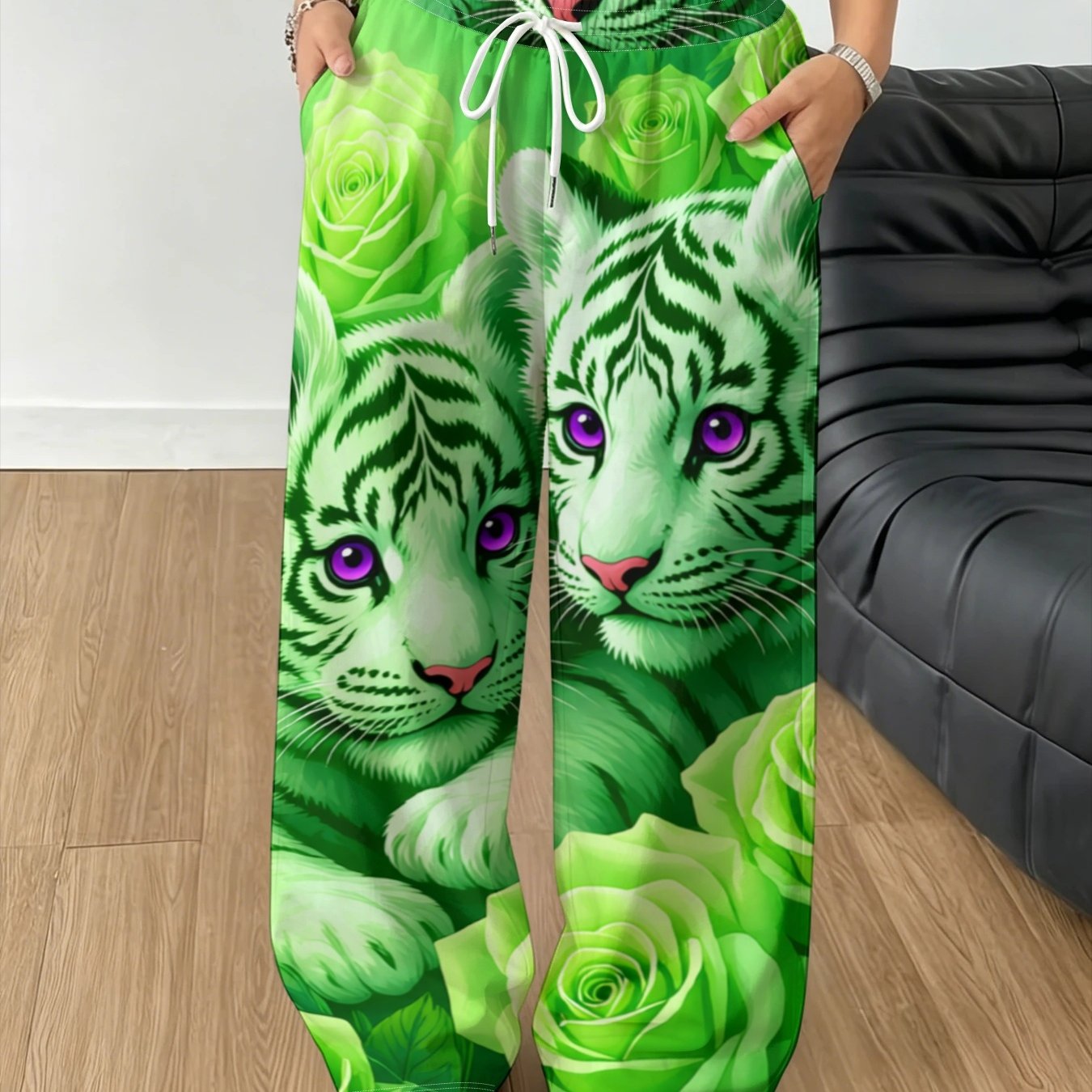 TEMU Women's Trendy Green And White Tiger Rose Print Wide-leg Casual Trousers, Green Rose Printed Straight Pants, Color- Statement Wide-leg Trousers