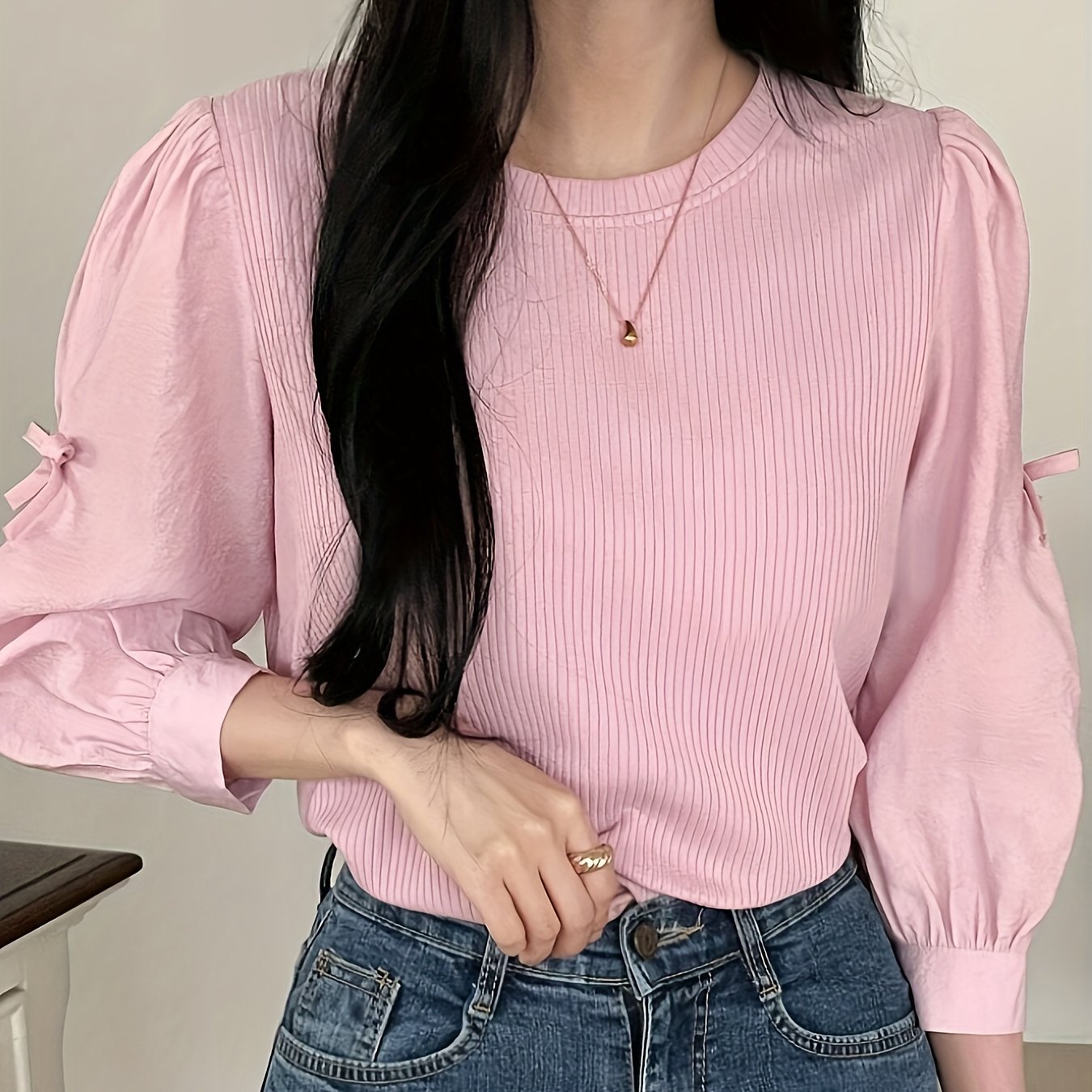 TEMU Women's Casual Crew Neck Blouse With Bow Detail - 100% Polyester Knit Fabric, Solid Color, 3 Quarter Length Sleeves, Regular Fit Top For Weekend - 180gsm