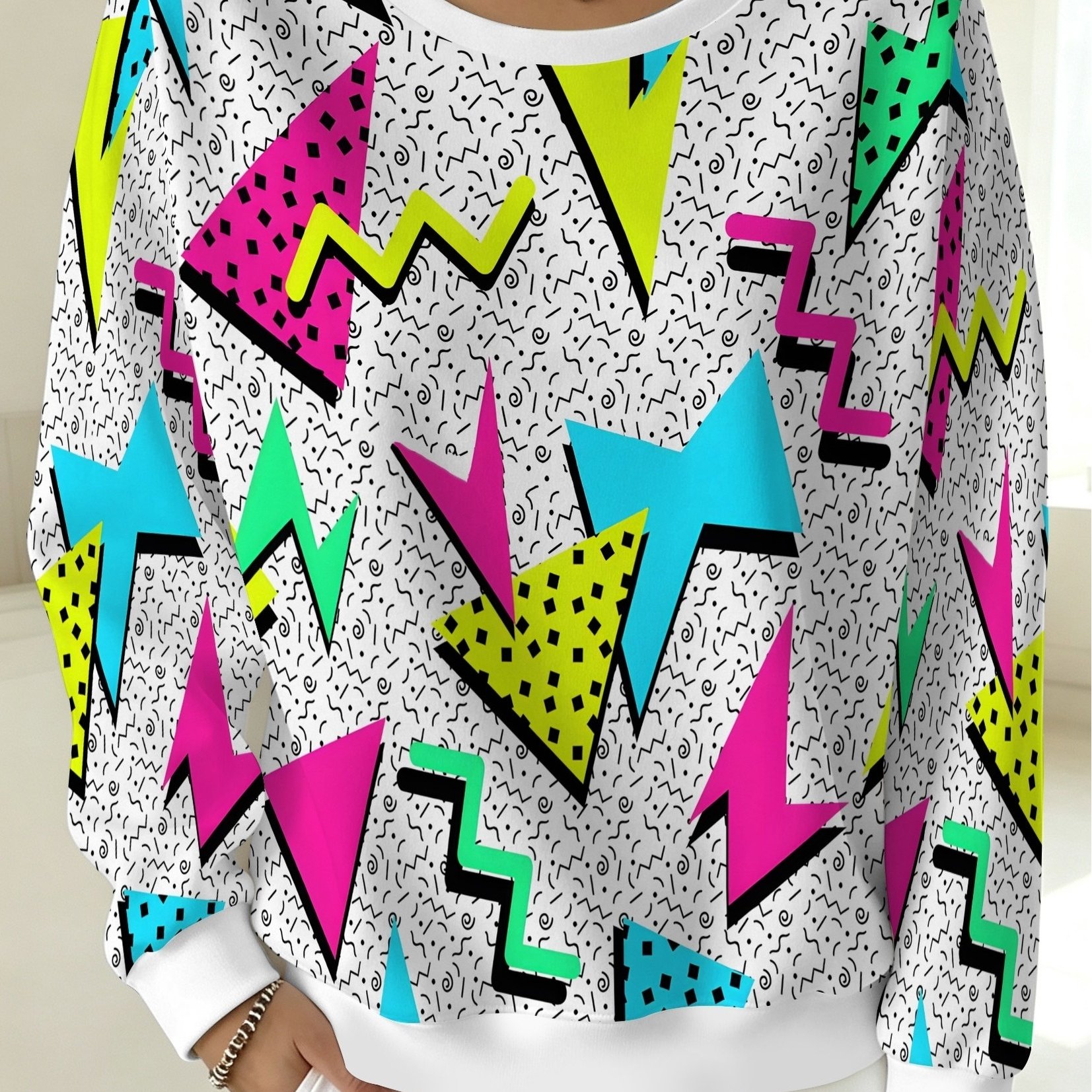 TEMU Women's Vintage 80s Geometric Print Crew Neck Sweatshirt With Color-block Triangle Wave Pattern Print, Casual Top For A Vintage Look