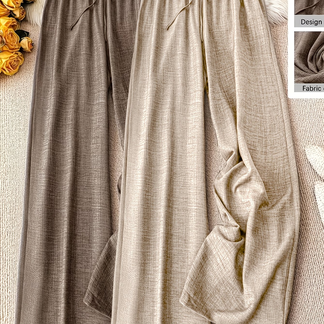 TEMU 2-delige elegante kleur rechte broek set voor dames, comfortabele nep trekkoord tailleband, casual mode all-match broek