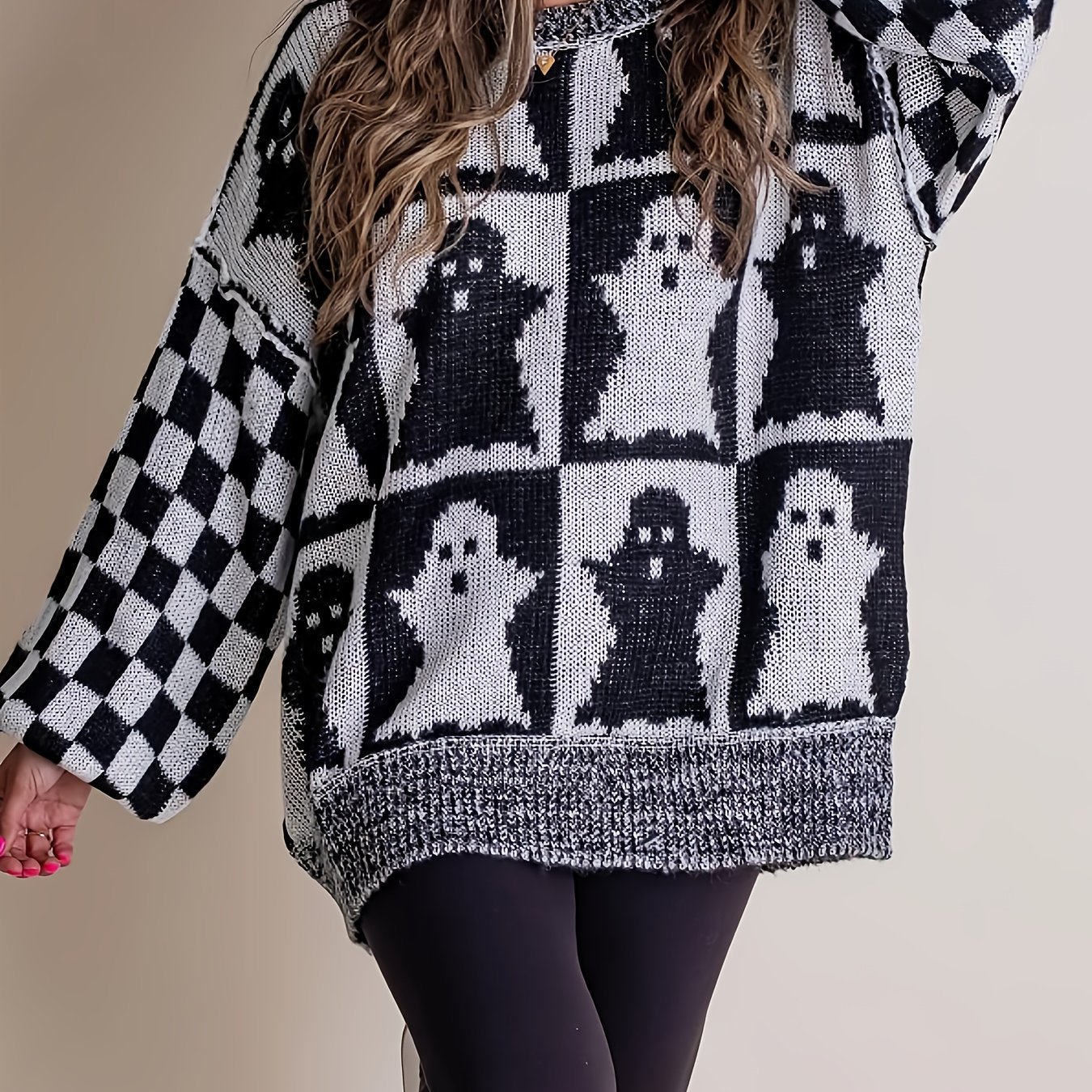 TEMU Pull amusant à carreaux jacquard élégant et décontracté, ample, à manches longues, pour -hiver, d'été