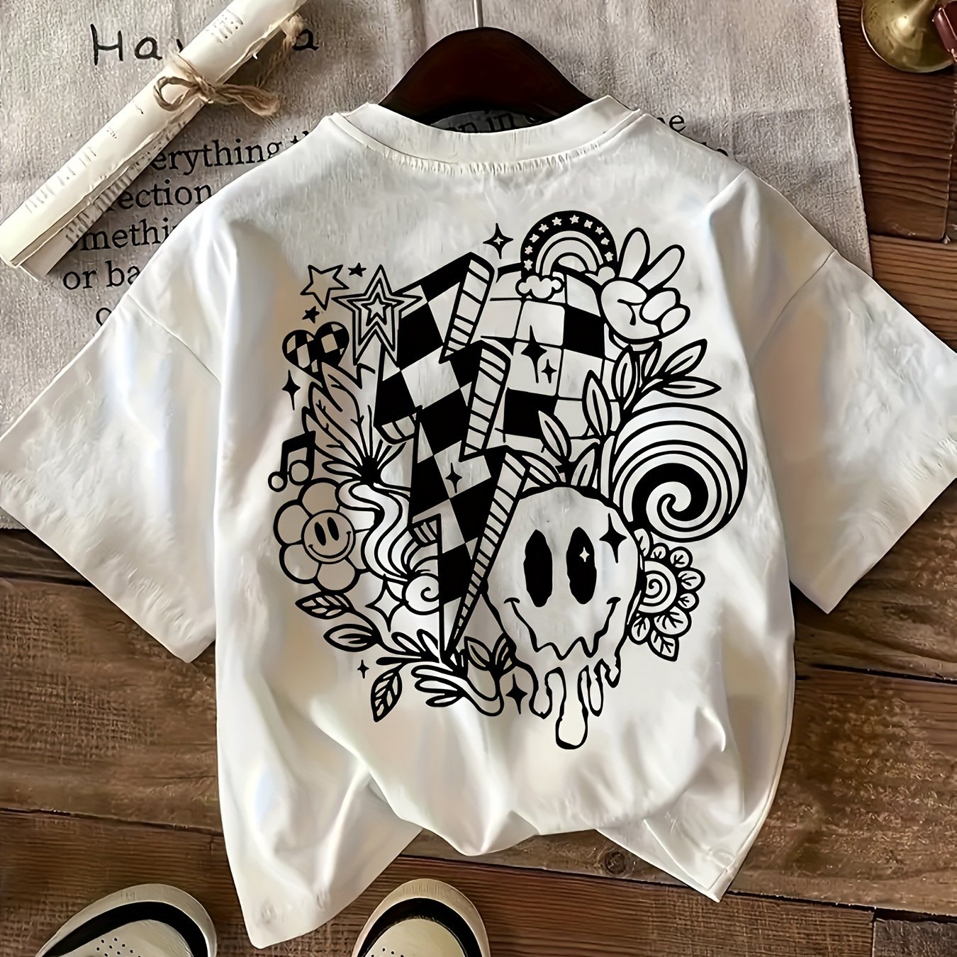 Plus Size, Drawing Print T-shirt Casual And Comfortable Crew Neck Short-sleeved Women's Top