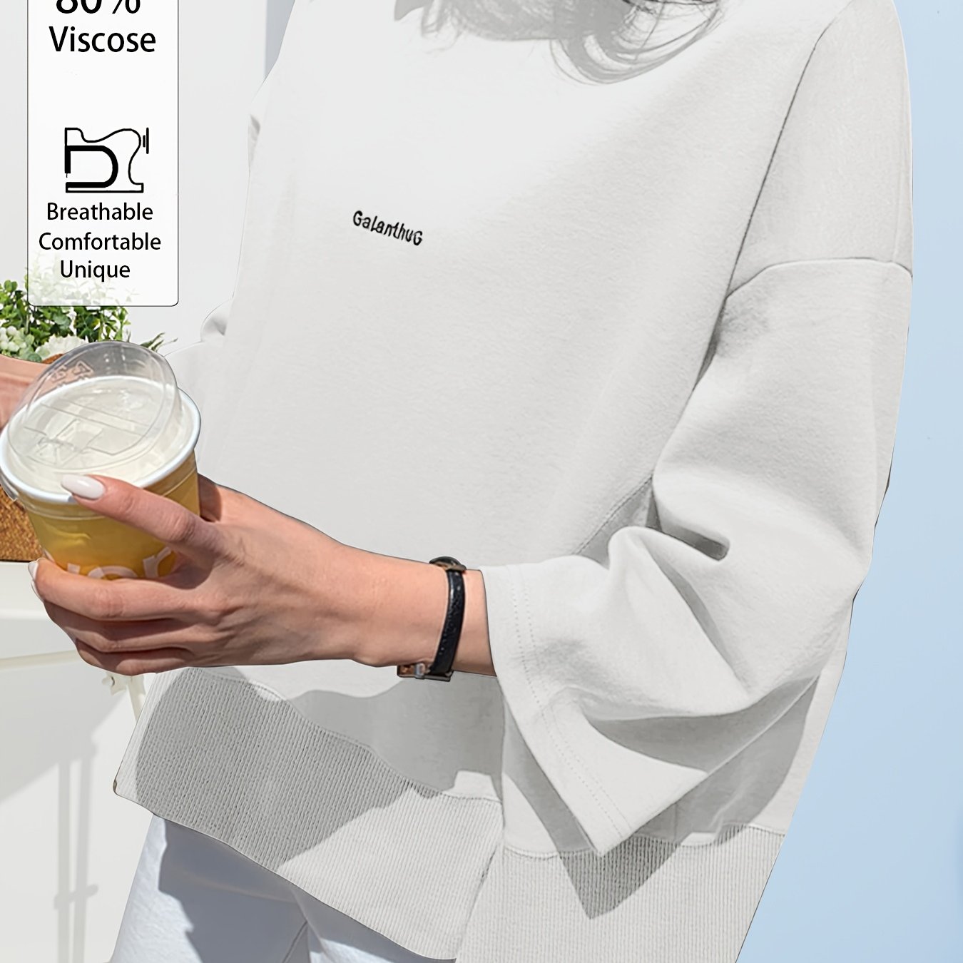 Spring/autumn Lightweight Casual Drop-shoulder Embroidered Letter Slit Sweatshirt, Three-quarter Mid-length Sleeves