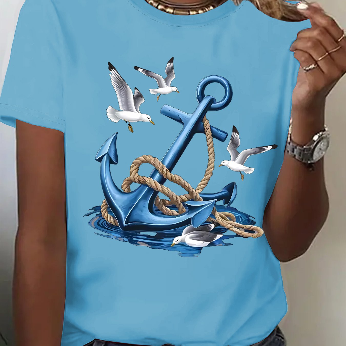 Image of Women's Casual Crew Neck T-shirt With Nautical Anchor & Print - Short Sleeve, Light Green, Fashion Tee, Casual Wear | Nautical Theme | , Nautical Clothing