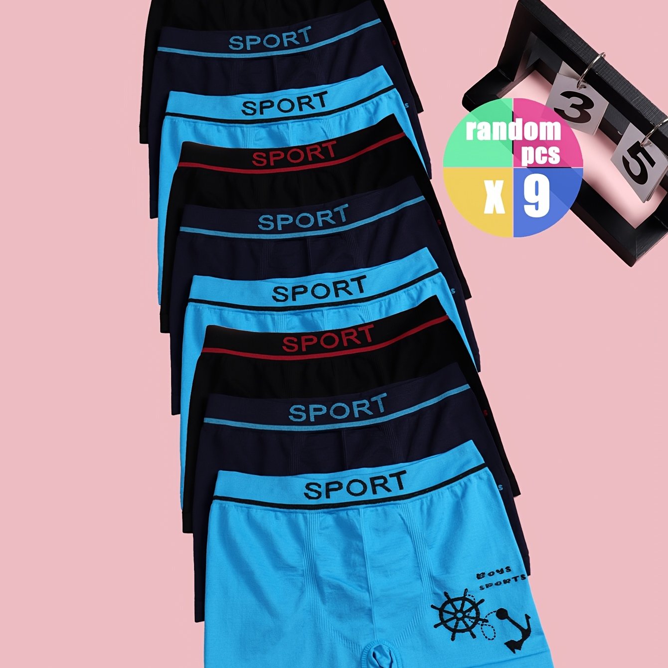 Image of 9-pack Random Color Boys' Sports Letter Print Boxer Briefs With Anchor Design, Stretchy And Breathable, Suitable For Boys Aged 10-12, Regular Fit, Casual, Winter, Sport