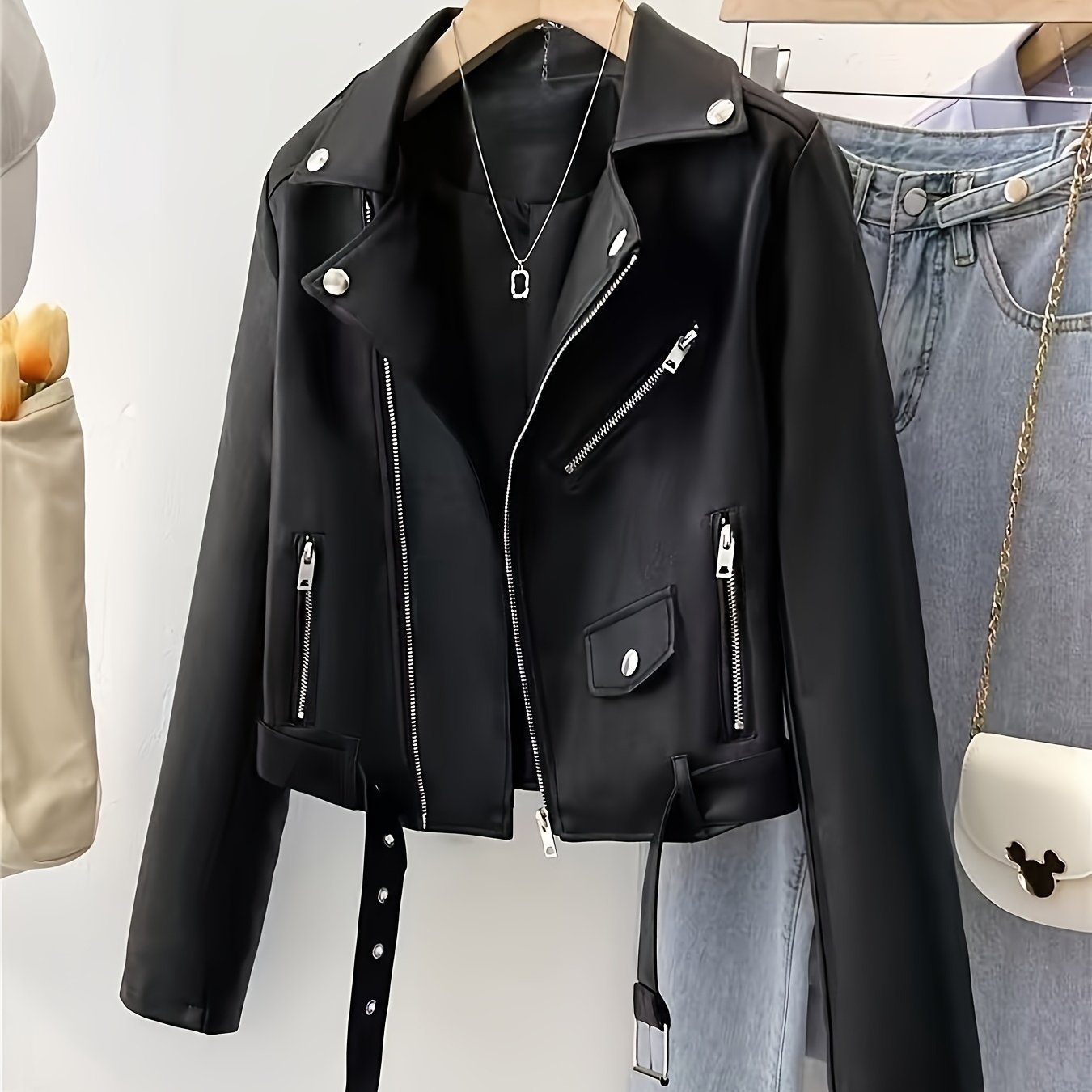 TEMU Giacca da moto retr簷 americana corta da donna in PU, stile slim fit, per e