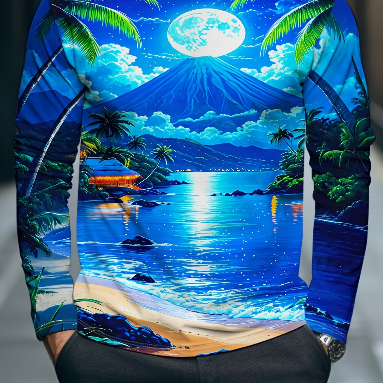 TEMU Men's Long Sleeve T-shirt With Coconut Island Print, Round Neck Pullover Top, Regular Fit, Machine Washable, Suitable For Casual Wear