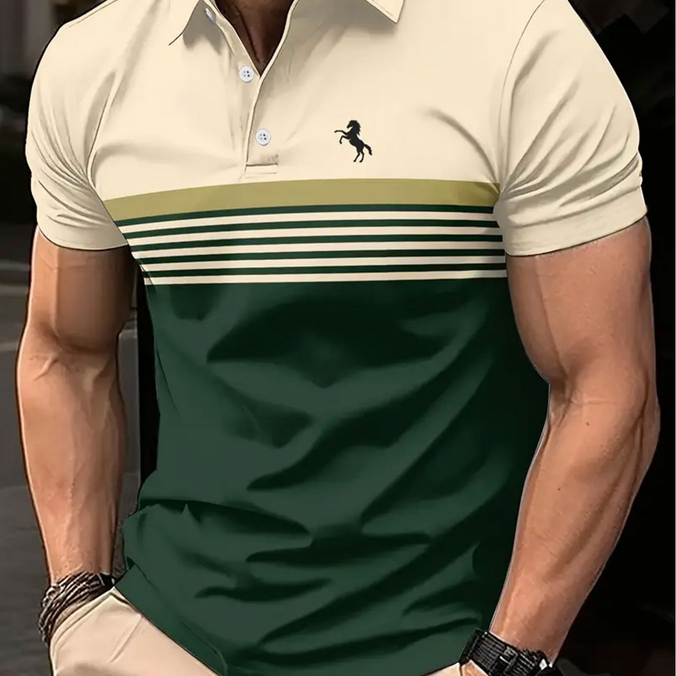 TEMU Polo décontracté pour homme, avec un motif de patchwork à rayures et un imprimé à motif de cheval, un pour les tenues d'été confortables et