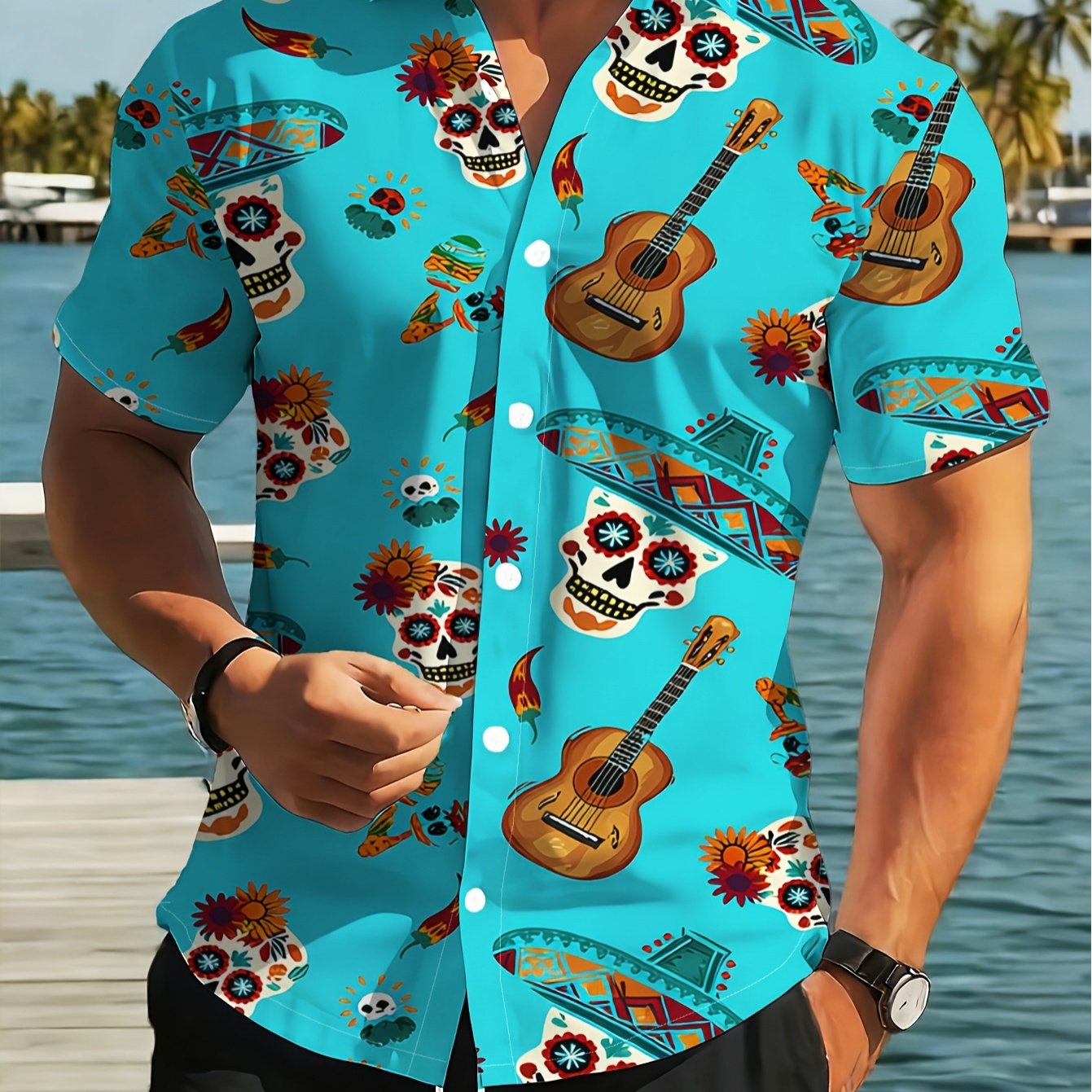 TEMU Men's Fashionable Short-sleeve Shirt, Mexican-style Printed Short-sleeve Shirt, Trendy New Summer Wear, Casual Everyday Shirt, Vacation Beach
