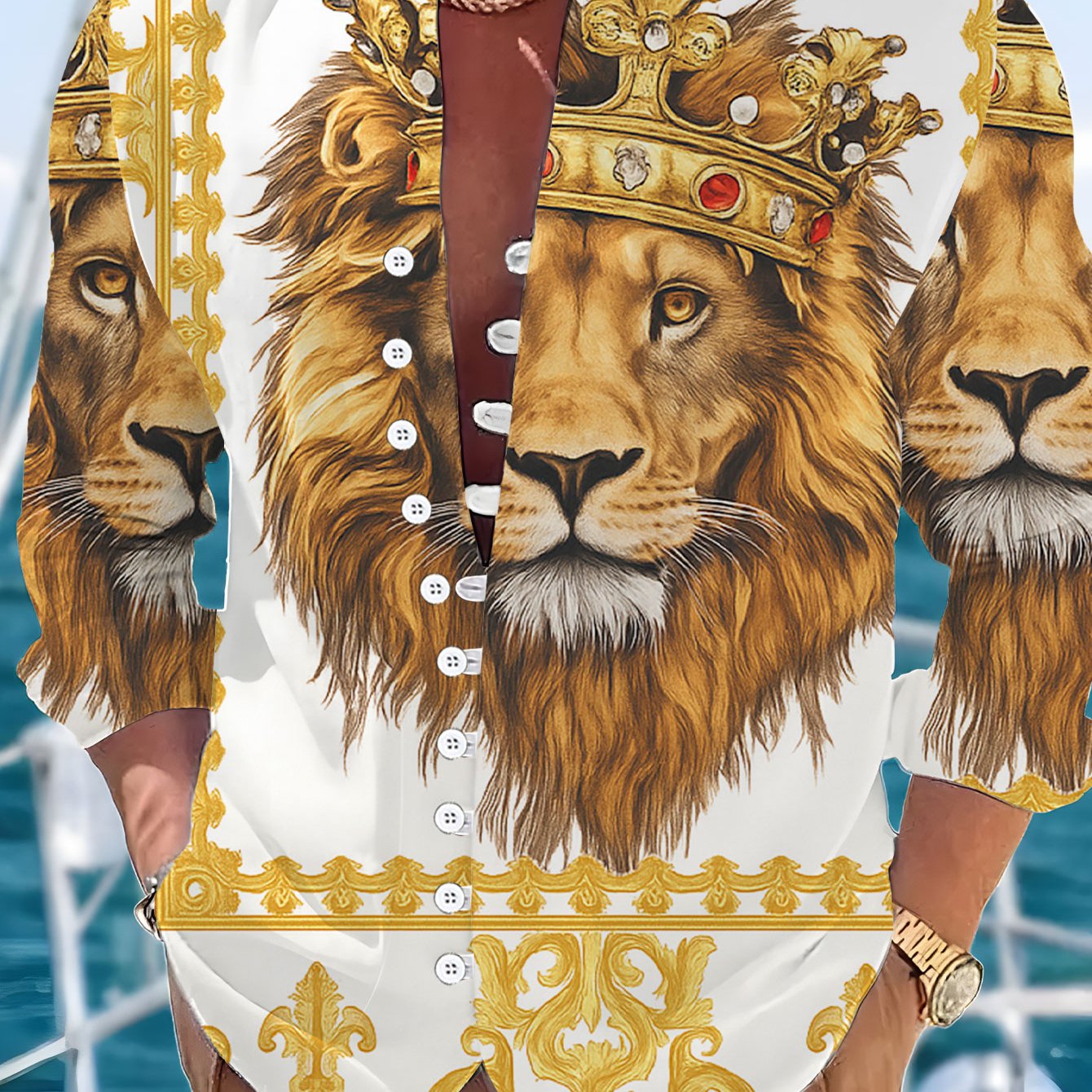TEMU Plus Size 10-button Long Sleeve Shirt For Men Featuring Print Of A Lion And Crown In Golden, Stylish And , Exuding A Cool Dopamine Vibe