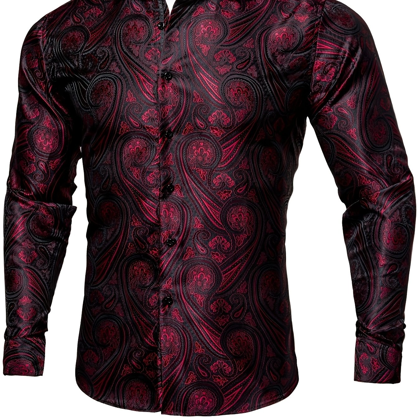 Image of Men's Black Red Paisley Jacquard Long Sleeve Dress Shirt Slim Fit Casual Button Up Wedding Business Formal Occasions