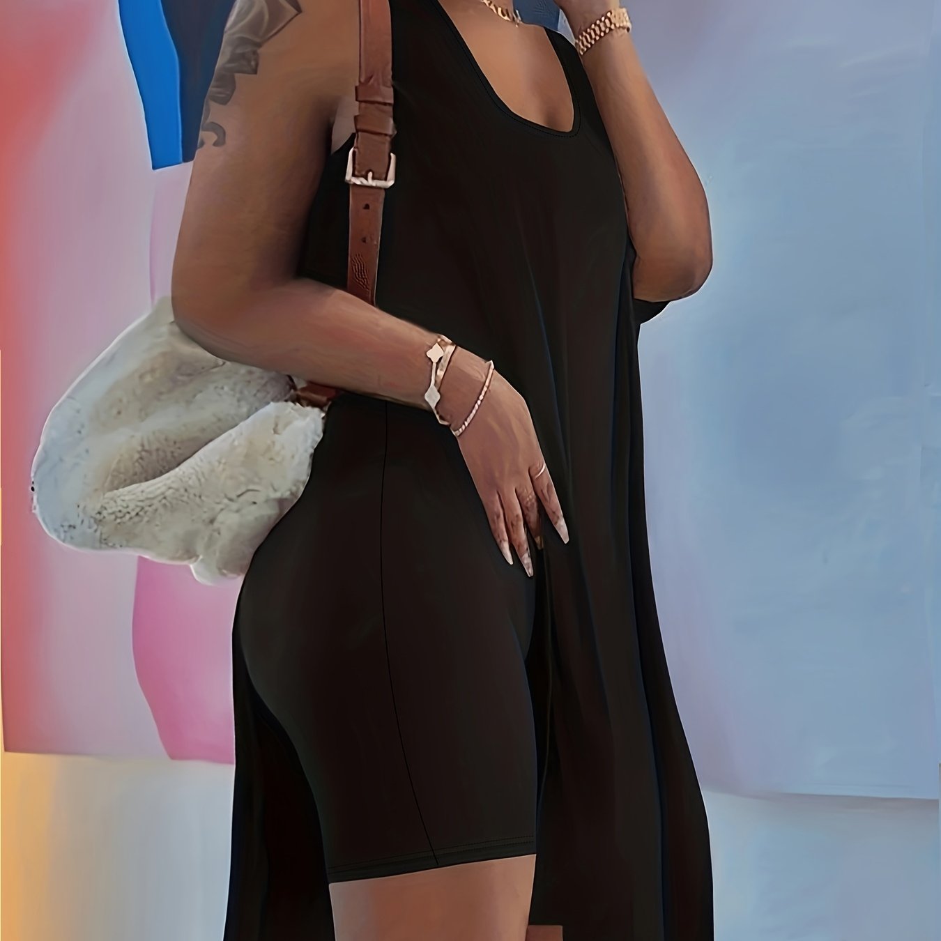 Summer Short Sleeve Set, European Style Solid Color Mid-split Shorts Outfit