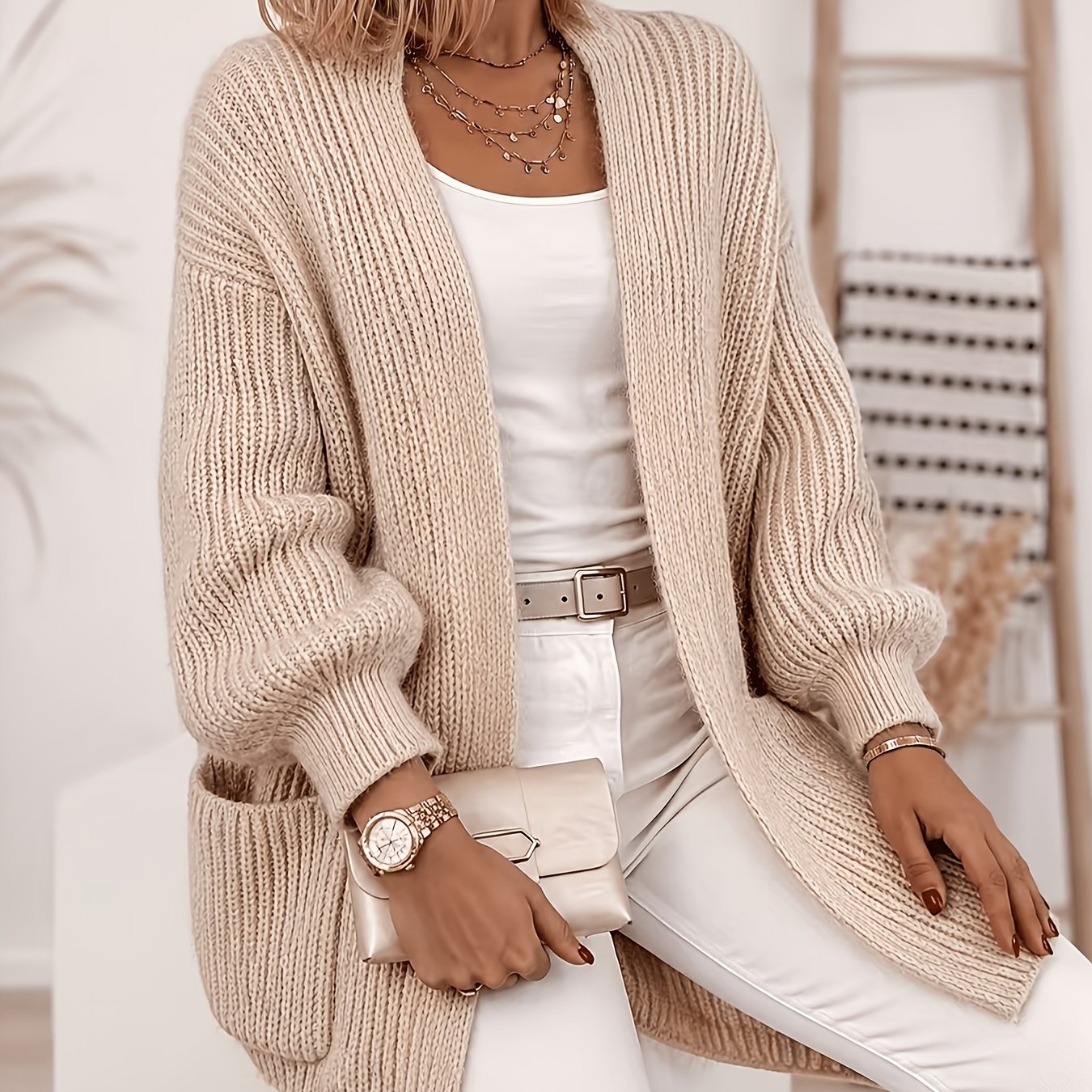 Image of Women's Mid-length Cardigan, Chunky Lantern Sleeve Pocket Sweater, Autumn And Winter Casual Loose Top