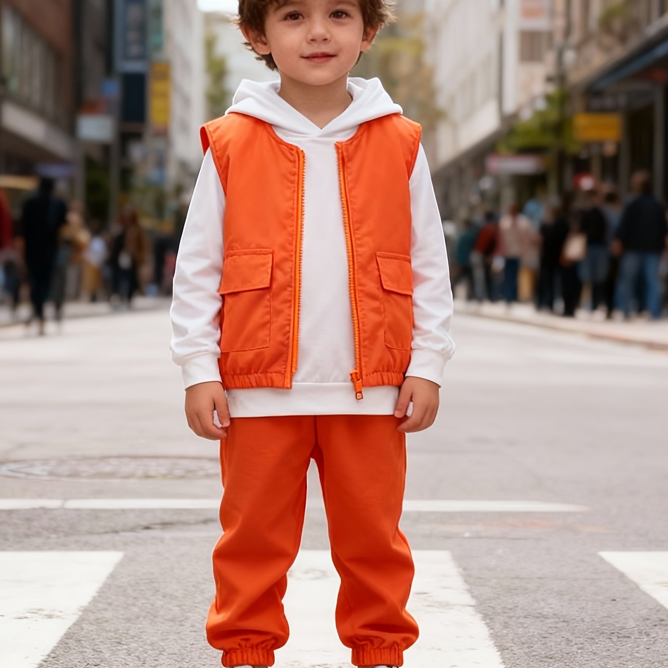 ' Solid Long Sleeve Hooded Sweatshirt And Solid Vest Zipper Cardigan Vest And Long Pants 3pcs Set, For Outdoor