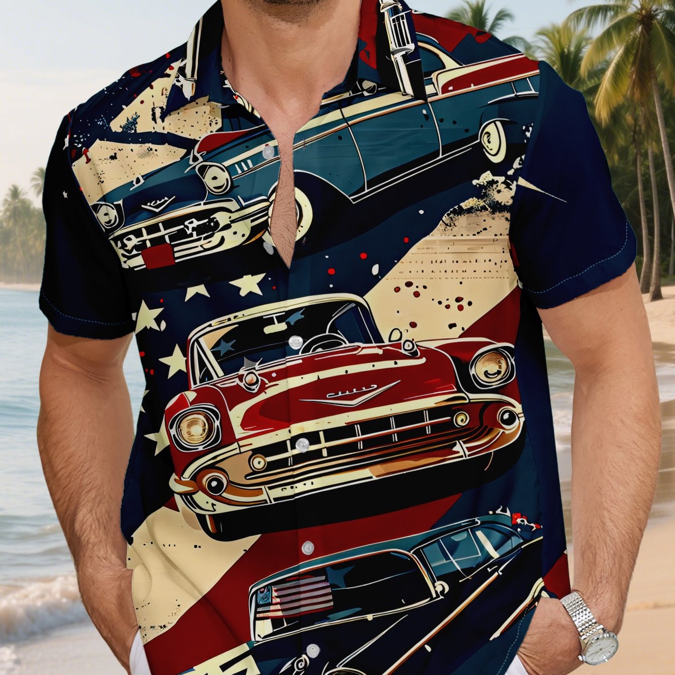 TEMU Men's Casual Short-sleeve Beach Shirts Featuring Against A Backdrop Of The Stars And Stripes, Blending Vintage And . Breathable Hawaiian Shirts