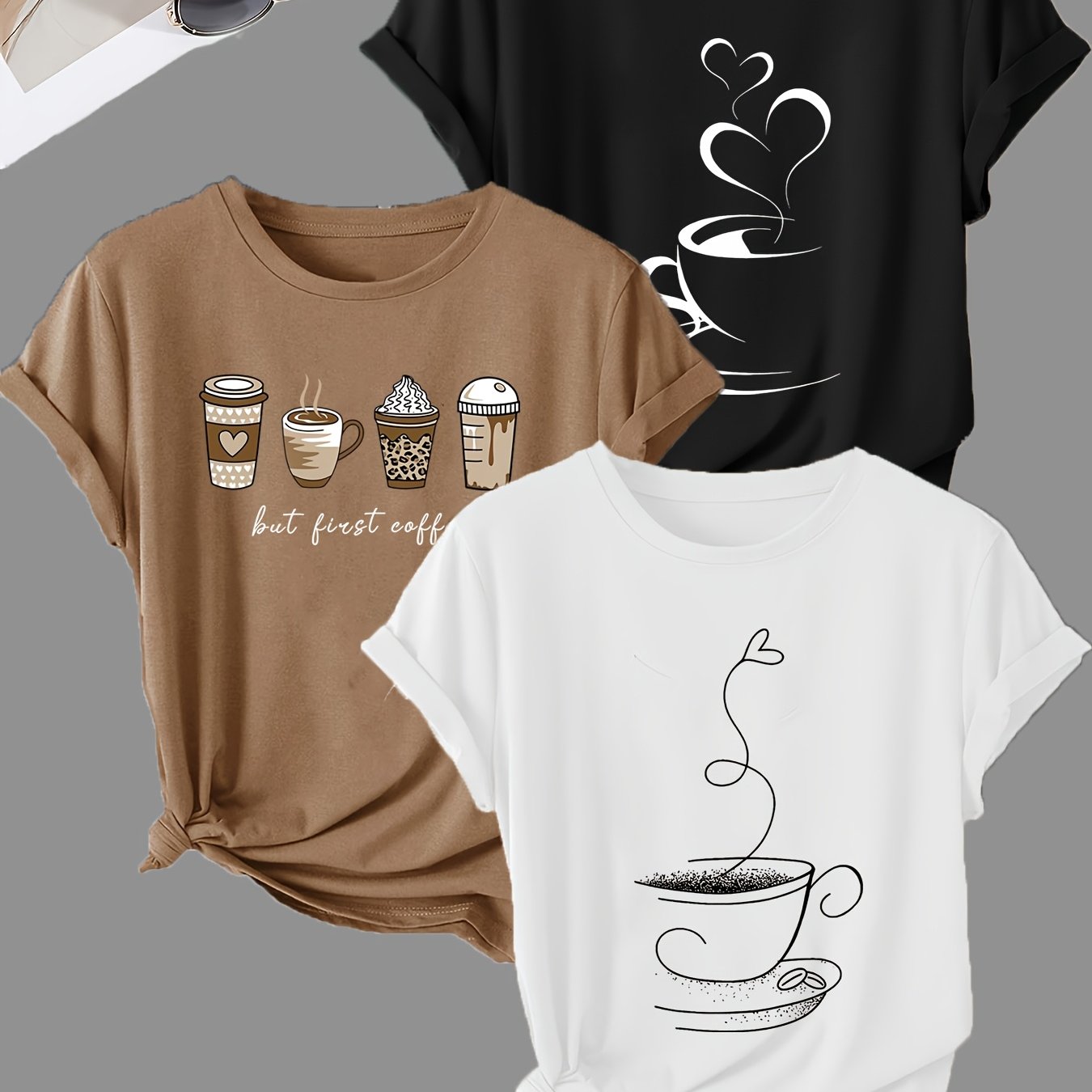 TEMU 3pcs Women's 3pcs Heart & T-shirts - Stretch Round Neck Short Sleeve Blouse-compatible Tops Suitable For Spring Summer Fall Casual Wear, Machine